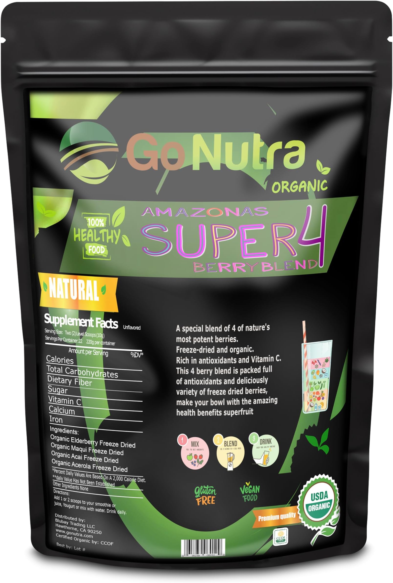Organic Freeze Dried Acai Berry Blend for Bowls | Superfood Smoothie Mix with 4 Immune Boosting Berries | Acai Maqui Elderberry Acerola | Antioxidant Freeze Dried Berries 15 Servings 8oz