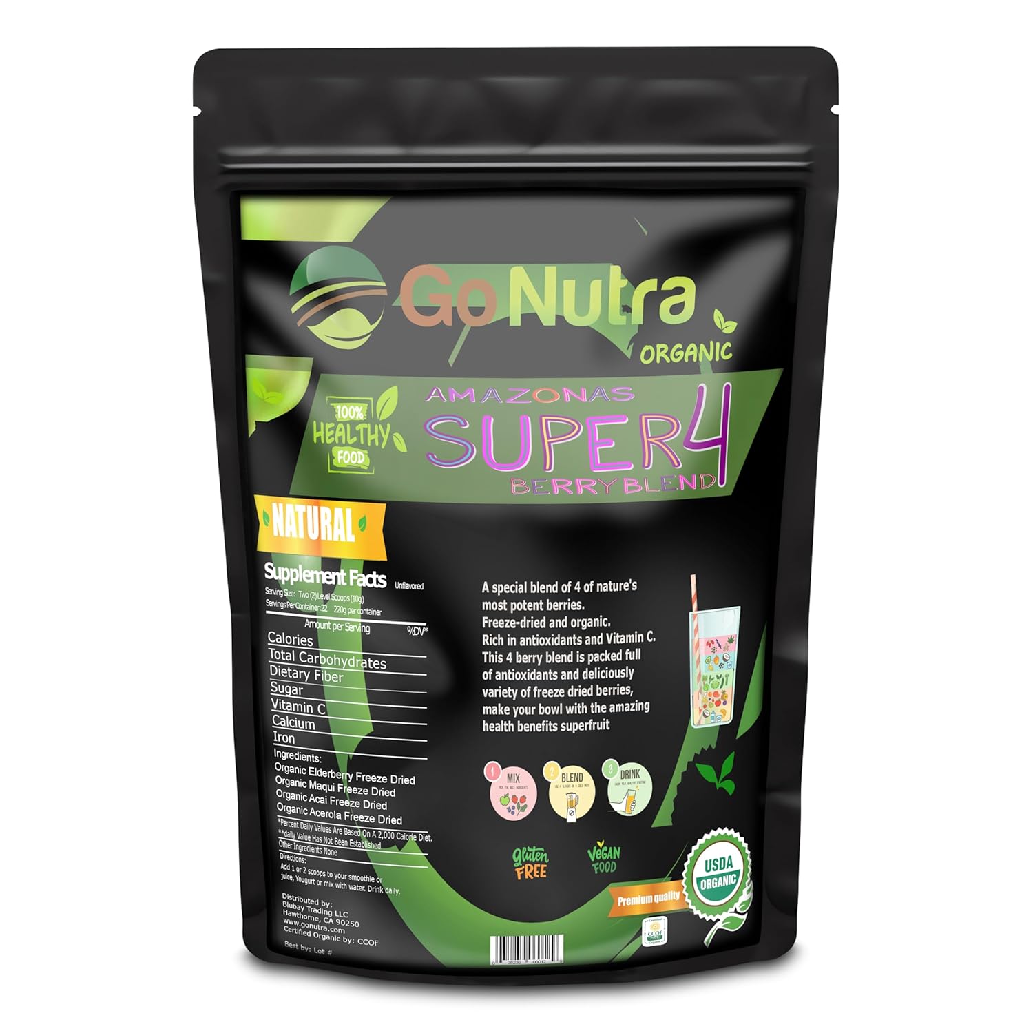 Go Nutra Organic Freeze Dried Acai Berry Blend for Bowls | Superfood Smoothie Mix with 4 Immune Boosting Berries | Acai Maqui Elderberry Acerola | Antioxidant Freeze Dried Berries 15 Servings 8oz
