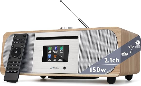 LEMEGA M6P CD Player, FM, Bluetooth, Powerful HiFi, Subwoofer, Oak | 2.8in colour display, 20 presets, remote control, wooden cabinet, headphone jack, internal subwoofer, EQ modes, remote