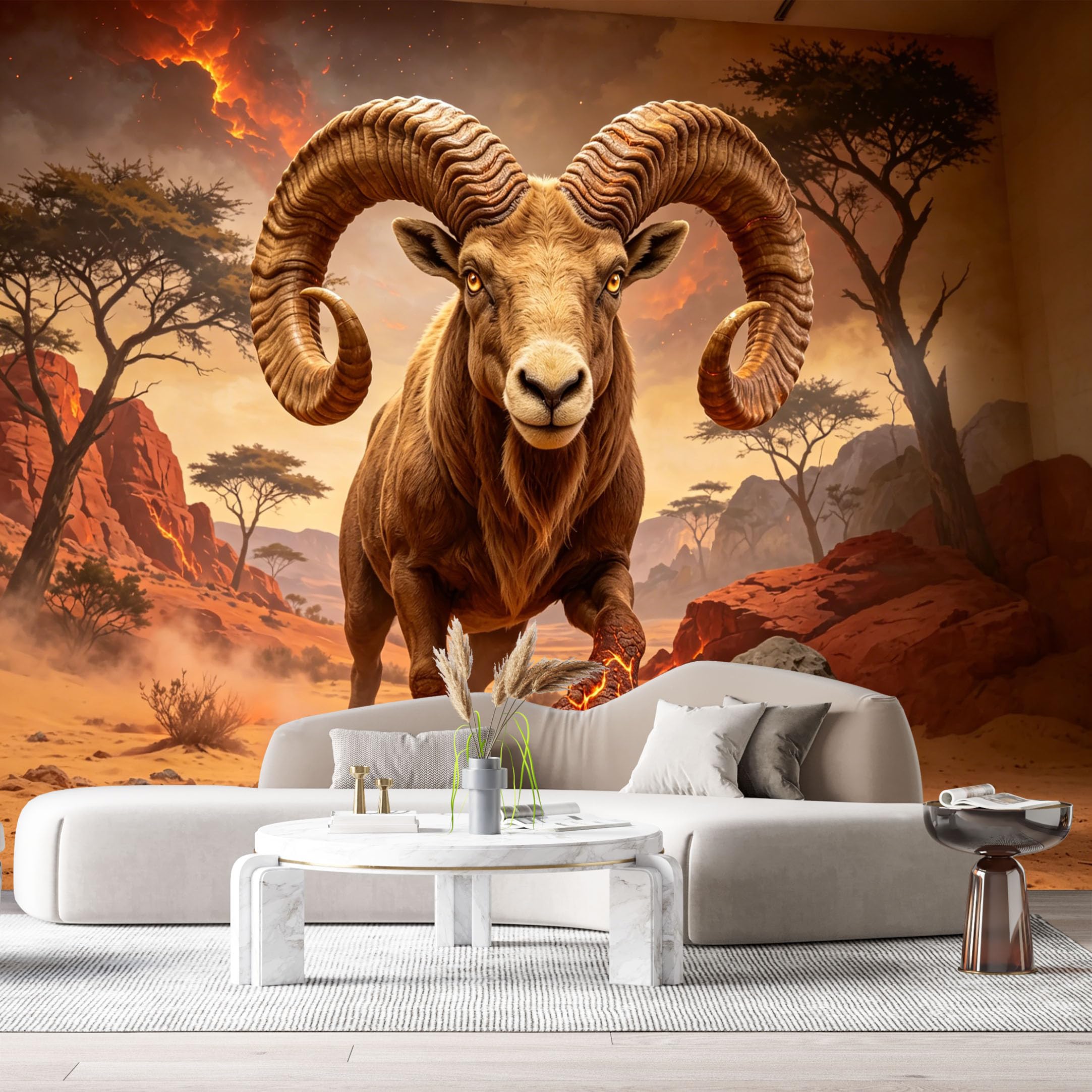 Custom Size Wall Mural Flaming Horned Beast 3D Trompe l’oeil Desert Landscape Fire Hoof Fantasy Animal SelfAdhesive Art Prints Removable Large Wallpaper Esports Room Game Room Studio