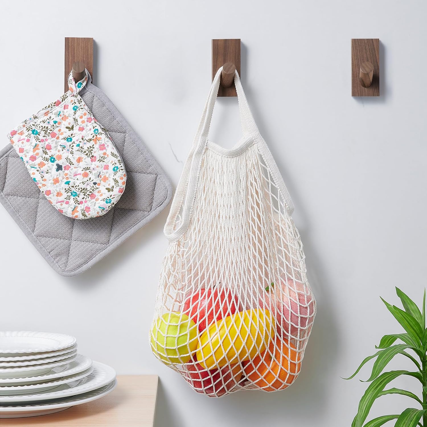 Felidio Natural Wooden Wall Hooks, Adhesive & Screw Mount Coat and Towel Hooks - Decorative Key Holder, Hat Rack, Stocking Wall Hangers for Bathroom Entryway Closet - 4 Pack, Walnut Wood