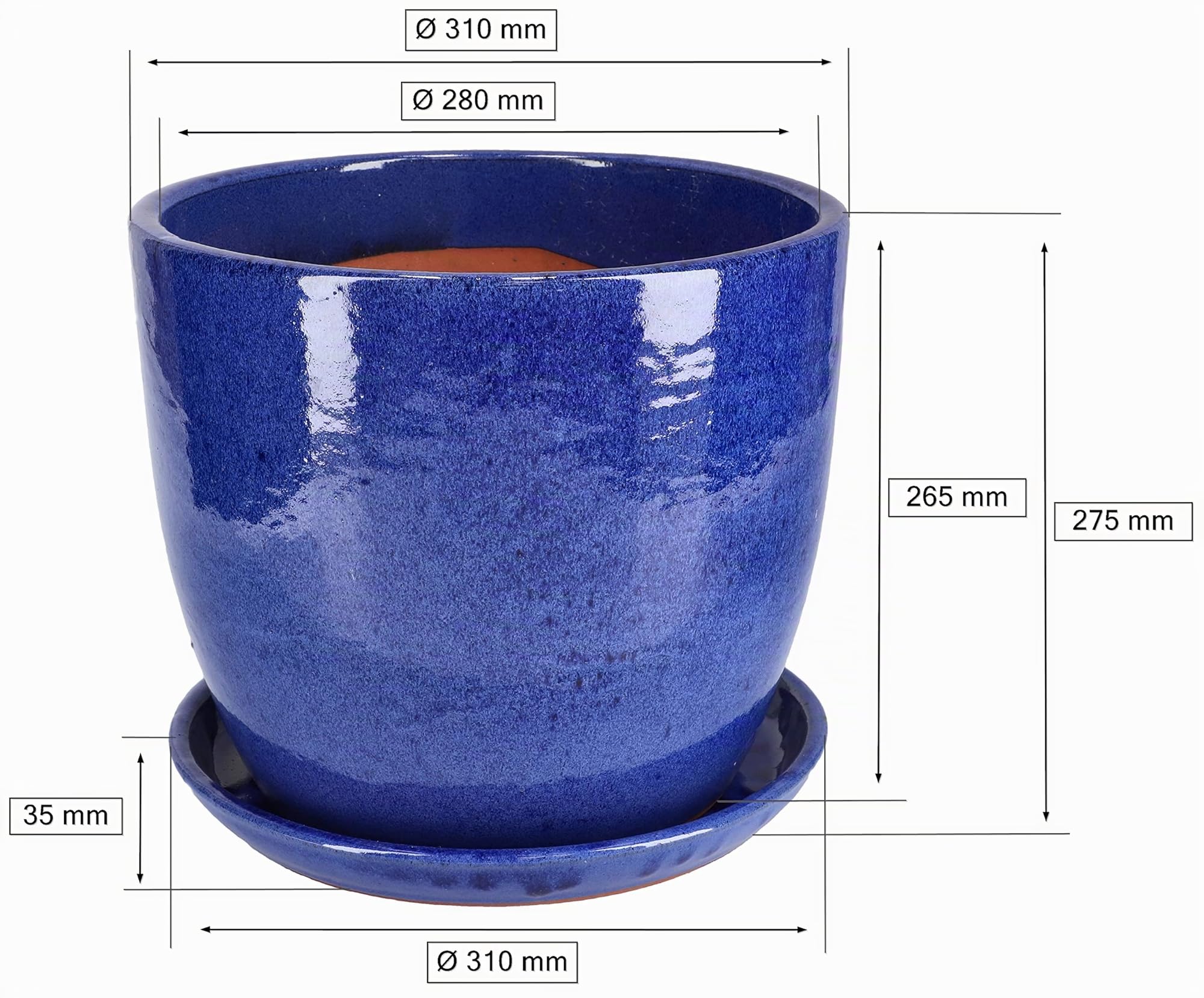 KOTARBAU® - Vaso da giardino per fiori, diametro 31 cm, in ceramica smaltata, colore cobalto, con vaschetta antigoccia