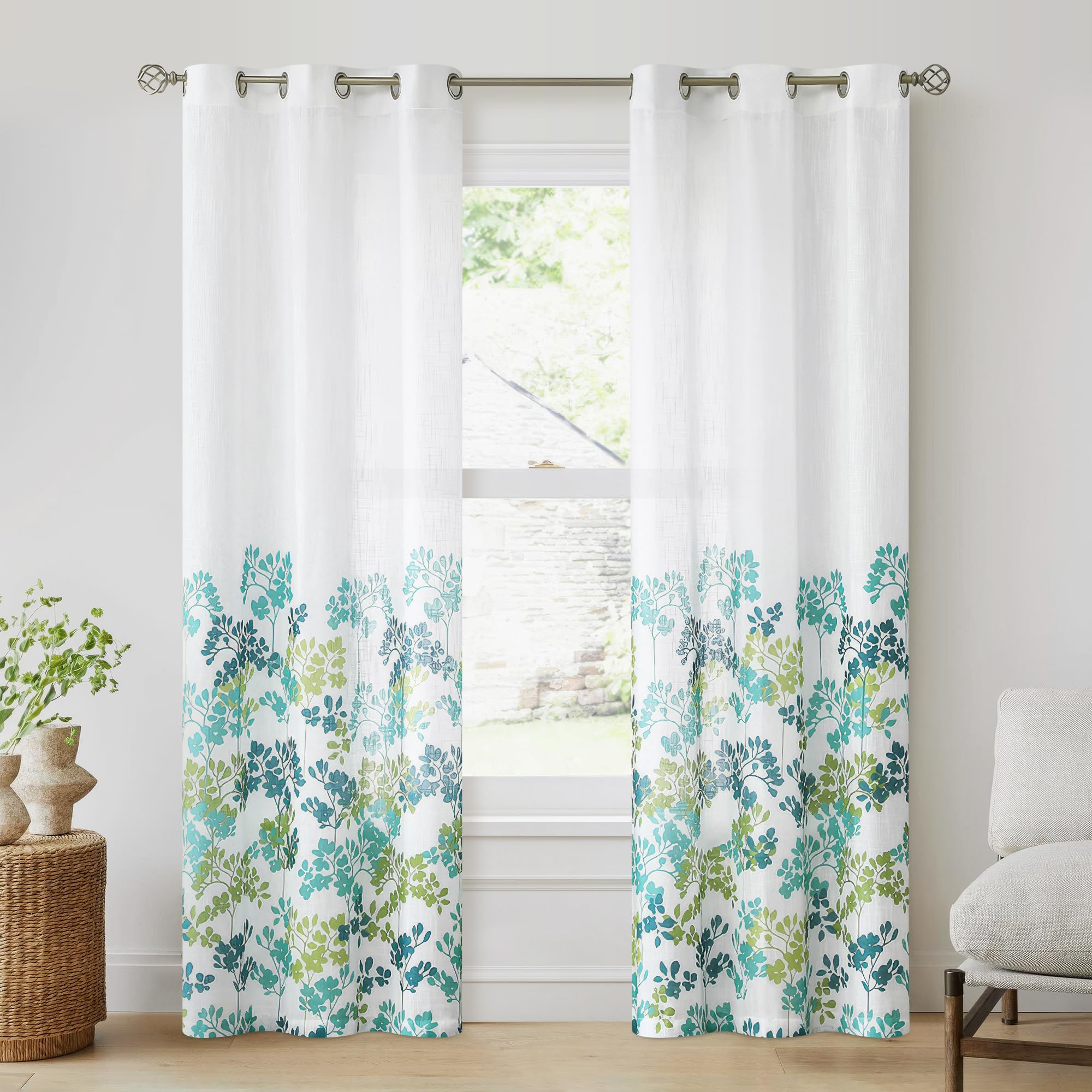 Metro Parlor Green Floral Linen Farmhouse Curtains 84 Inches Length for Living Room Dining Room Bedroom Semi Sheer Patterned Grommet Top Textured Window Treatment Drapes, 42x84, 2 Panels, Teal/Green