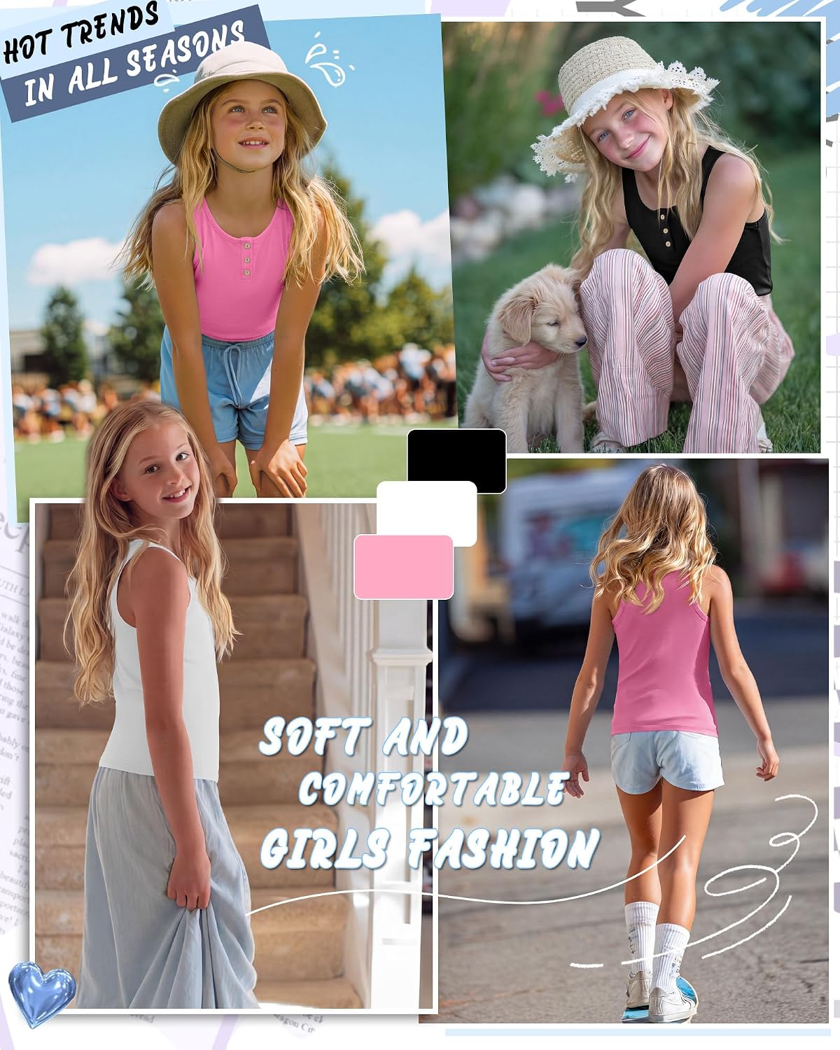 Xaatren 3 Pack Girls' Tank Tops Button Slim Fit Sleeveless Undershirts Henley Summer Basic Casual Tanks for Kids 5-14 Years