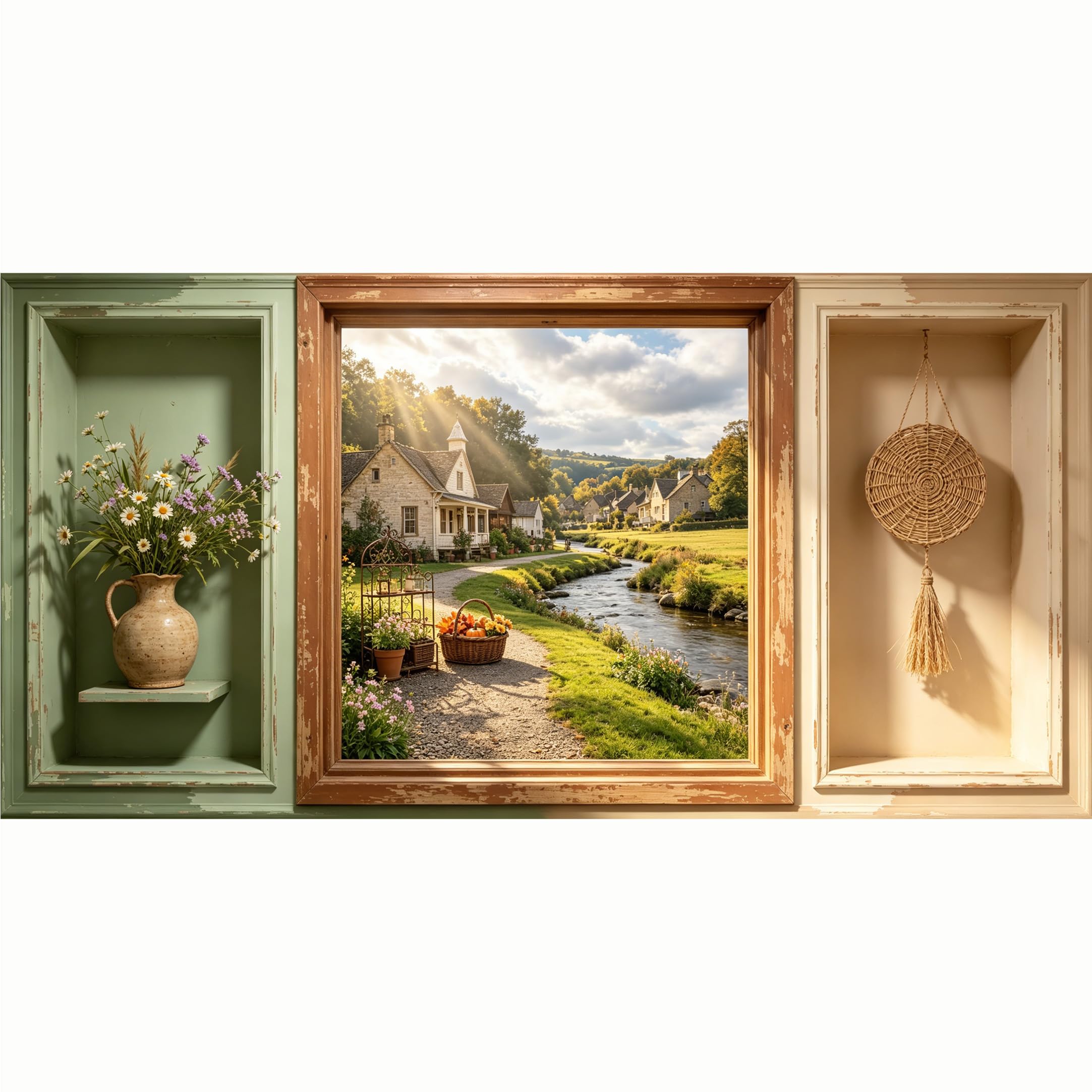QZLITHOTIC 50x100cm 3D Framed Wall Art， Farmhouse River Landscape Nature Scenery Self‑Adhesive Mural， Water‑Activated Peel & Stick Fabric Decor Wall Decal for Bedroom Living Room