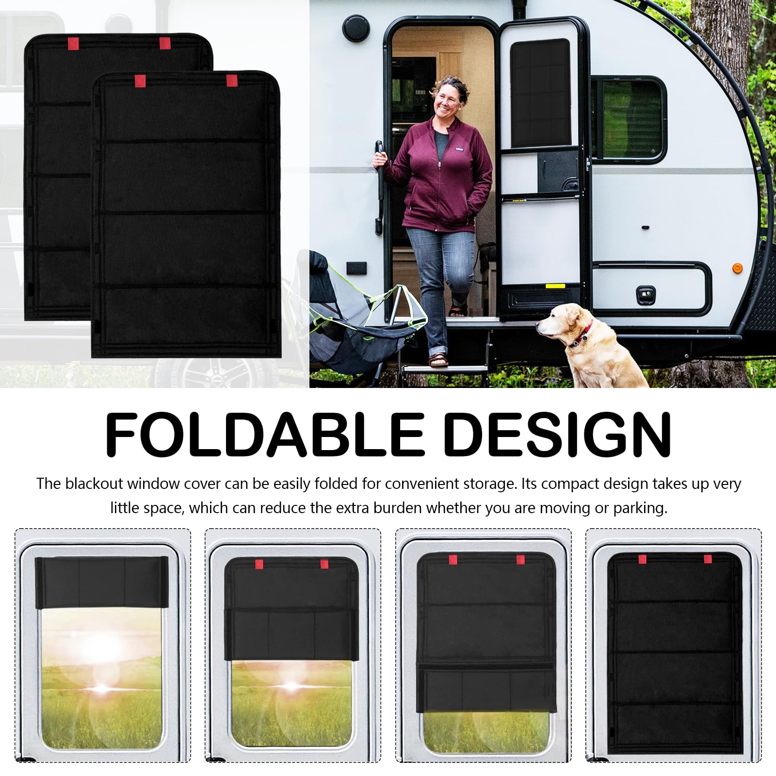 2PCS Bâche De Fenêtre Camping-Car, 64 * 41CM Brise-Vue pour Fenêtre De Camping-Car Pliables sans Perçage Protection UV Bâche De Protection Noire pour Caravane