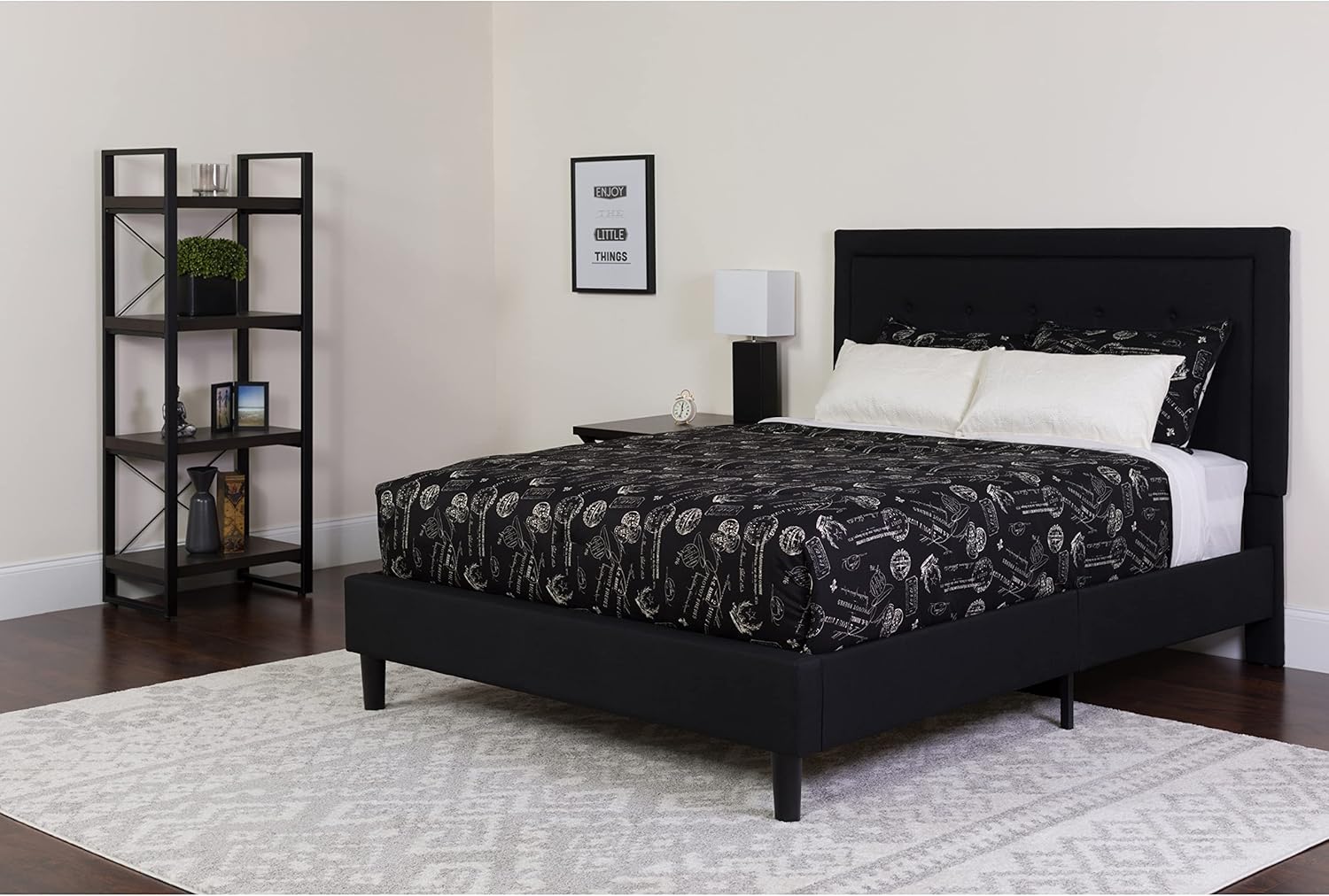 Flash Furniture Roxbury Queen Size Tufted Upholstered Platform Bed in Black Fabric with Memory Foam -Mattress