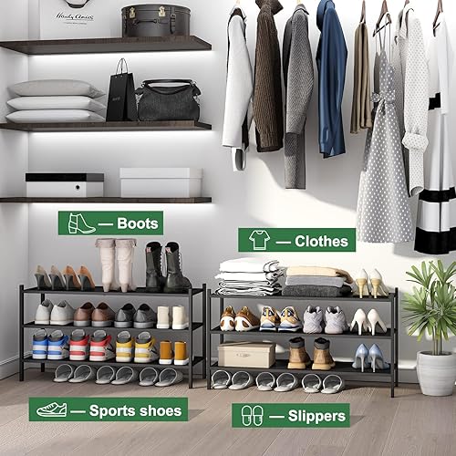 Vista 12 de Zapatero de bambú para entrada, apilable de 2 niveles, plegable, natural, organizador de zapatos para armario de pasillo, zapateros independientes