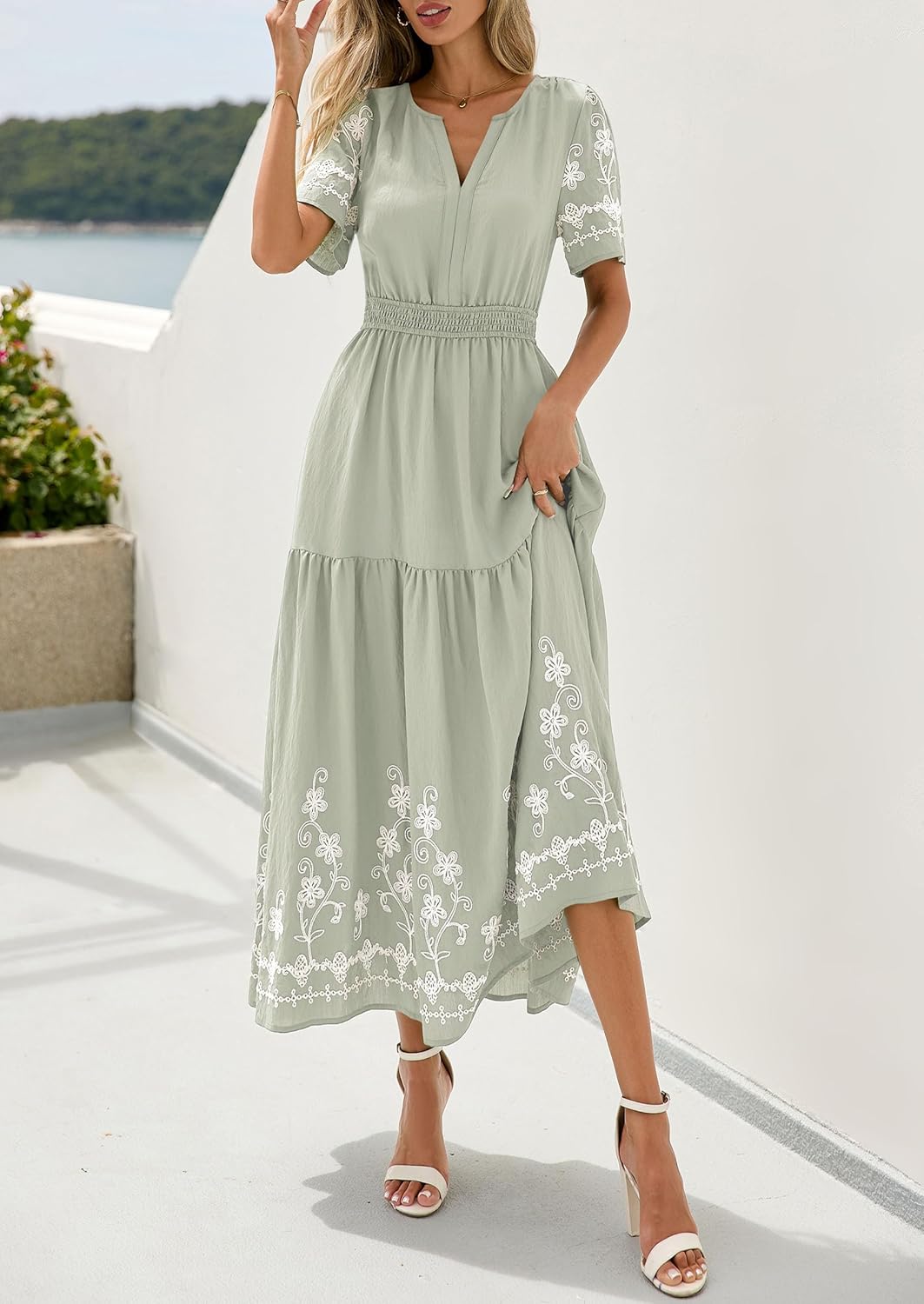 PRETTYGARDEN Women's Summer Boho Maxi Dress 2026 Spring Floral Short Sleeve V Neck A Line Flowy Beach Wedding Guest Dresses