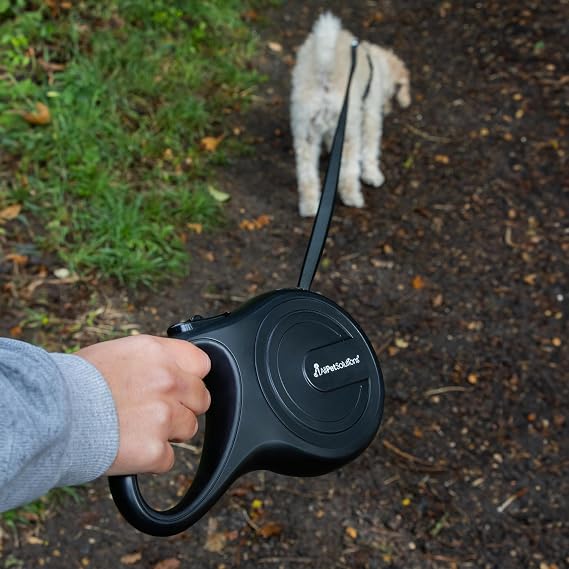 AllPetSolutions Retractable Dog Lead Extending Leash - Extension Lead with Anti-Slip Brake, Release Button, Anti-Twist Lobster Clip, Soft Grip Handle - For Small, Medium, Large Pets - Black, 8 Metre
