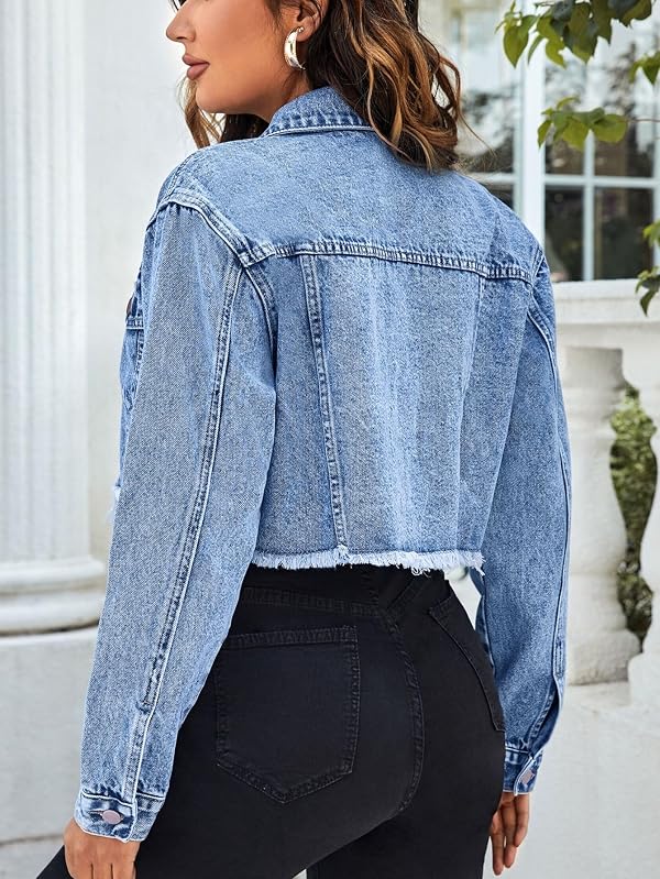 Floerns Women's Raw Hem Long Sleeve Button Down Pocket Cropped Denim Jean Jacket S by Floerns - Used condition - Image 2