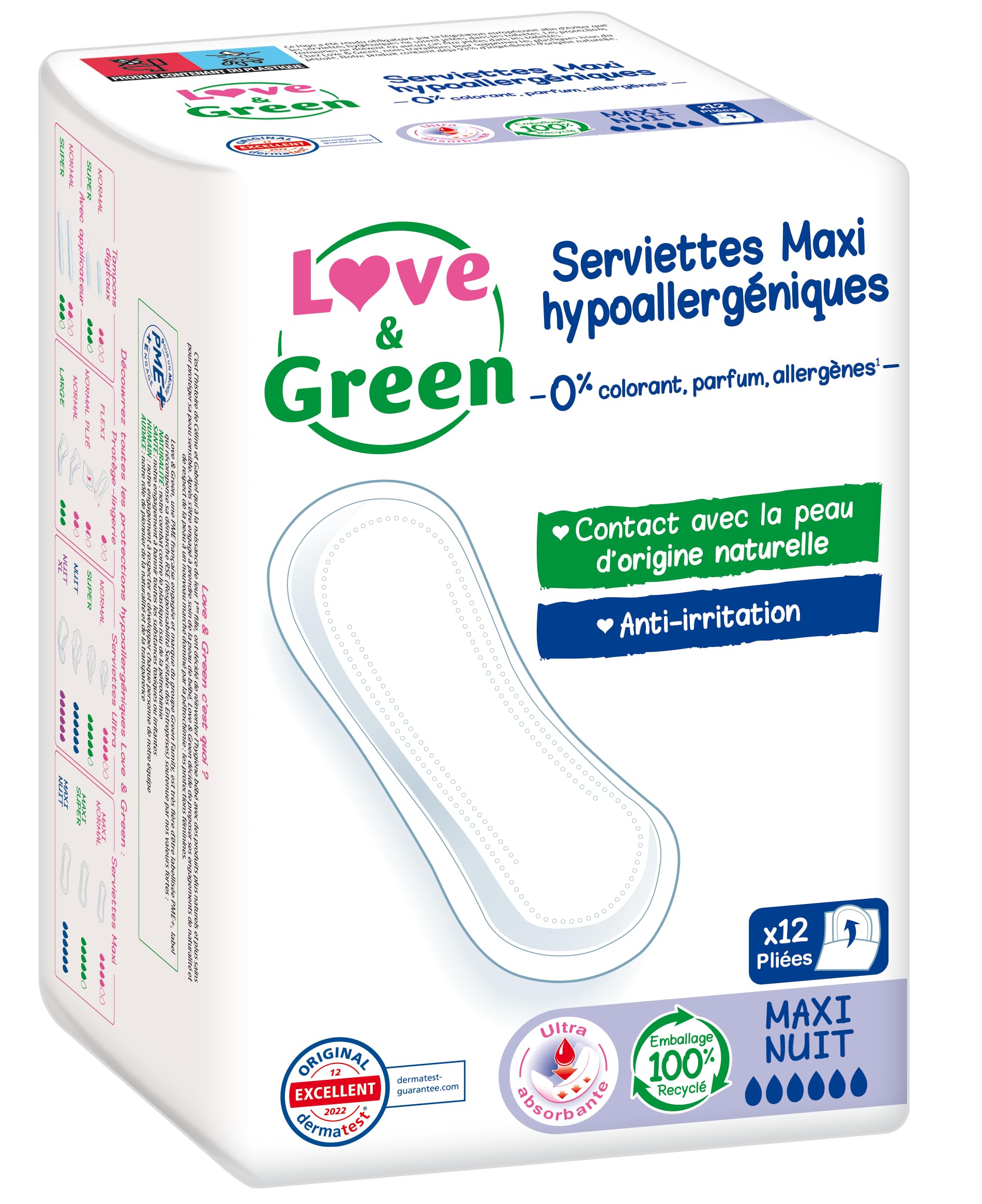 Love & Green Serviettes hygiéniques, écologiques et hypoallergéniques - certifiées Ecolabel et Dermatest - "​MAXI NUIT" x 12 : Sans colorant, parfum, allergènes (Lot de 2x12)
