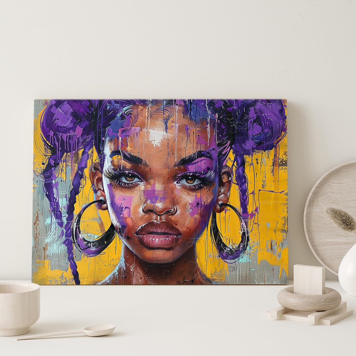 African American Teen Black Girl Wall Art Purple Hair Girl Prints Painting Picture Canvas Framed Inspirational Wall Art Decor For Living Room Kitchen Office Bathroom Bedroom Home Wall Art Wall Decor