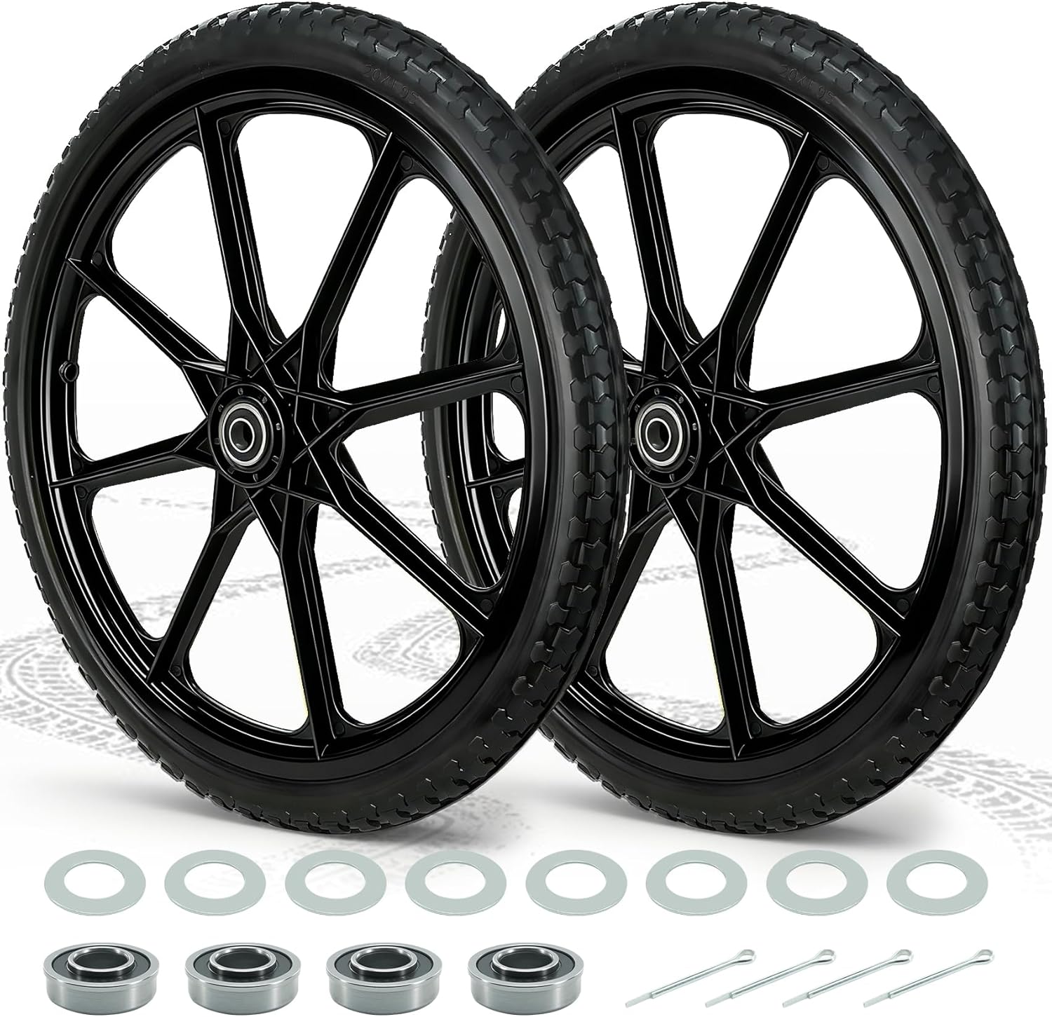 20” Flat Free Wheelbarrow Wheels and Tires, with 2.45” Centered Hub, 5/8” Extra 3/4”Bearing, Compatible with Rubbermaid Wheelbarrow wheels, Garden Carts (2 pcs) (black)