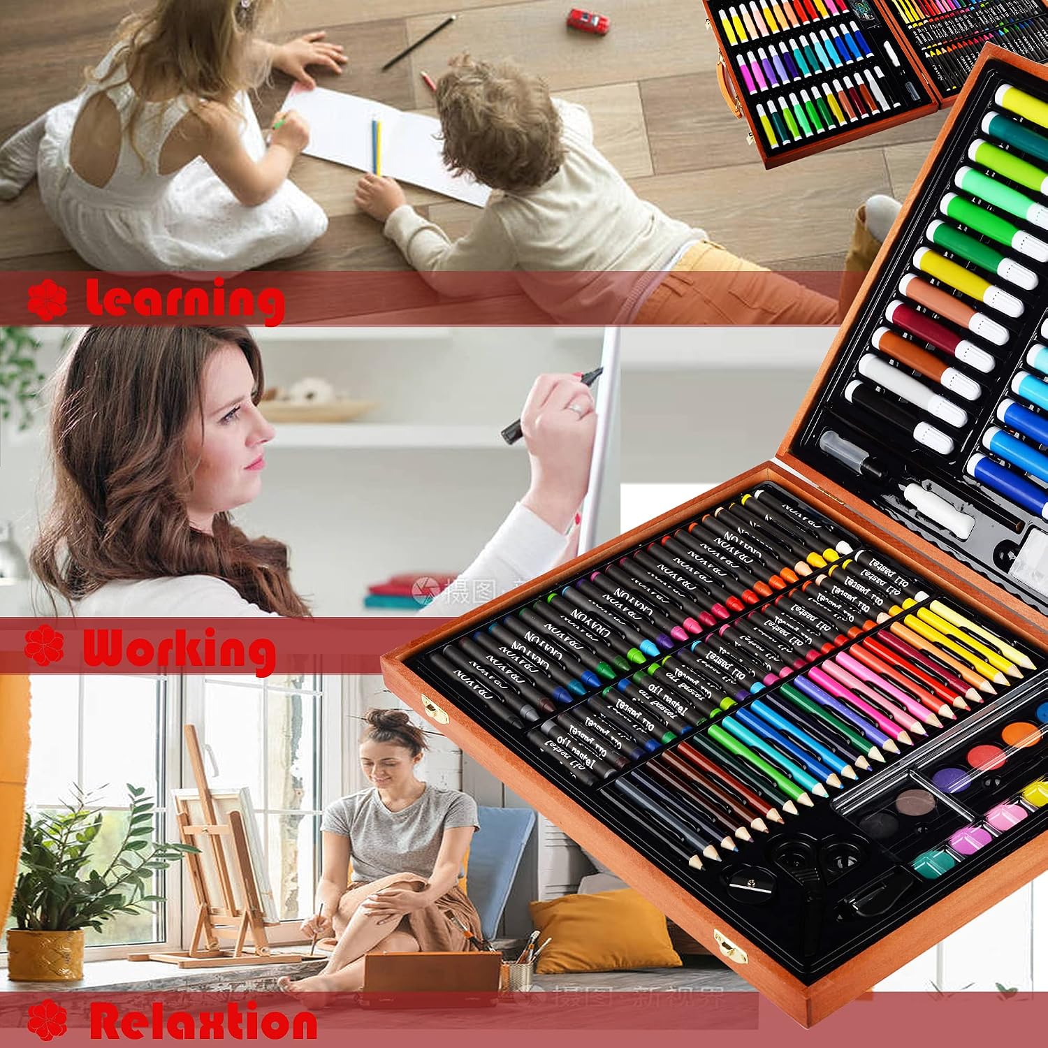 KINSPORY 150PC Art Set with Sketch Book, Coloring Art Kit Drawing Art Supplies Case, Markers Crayon Colour Pencils for Budding Artists Kids Teens Boys (Brown)