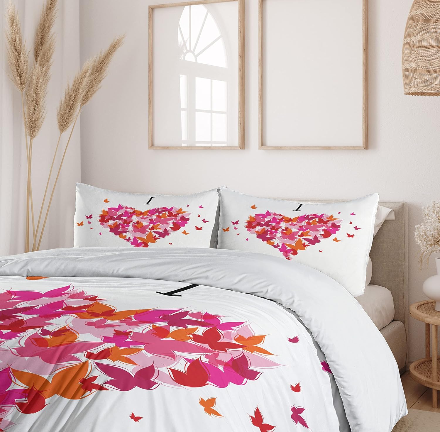 Ambesonne Love Duvet Cover Set, Heart Filled Butterflies Soul Mate Real True Deep My Dear Illustration, Decorative 3 Piece Bedding Set with 2 Pillow Shams, Queen Size, Pale Pink