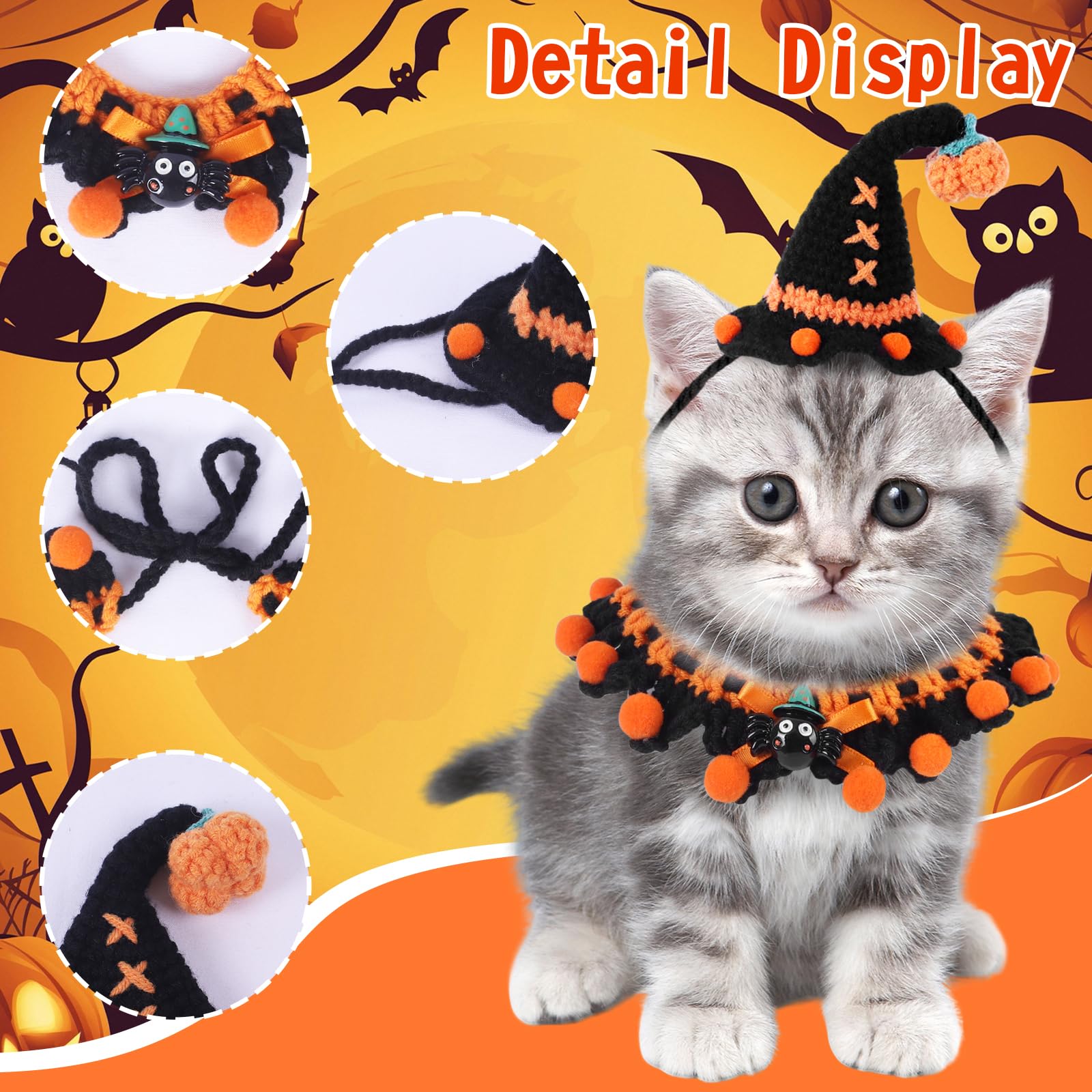 Kunyeah Halloween Pet Costume Set for Cats Small Dog Adjustable Knitted Hat Scarf Pumpkin & Witch Print Puppy Bib Cute Crochet Cat Collar Cap Pet Apparel Outfit (Orange-Ball) - Image 3