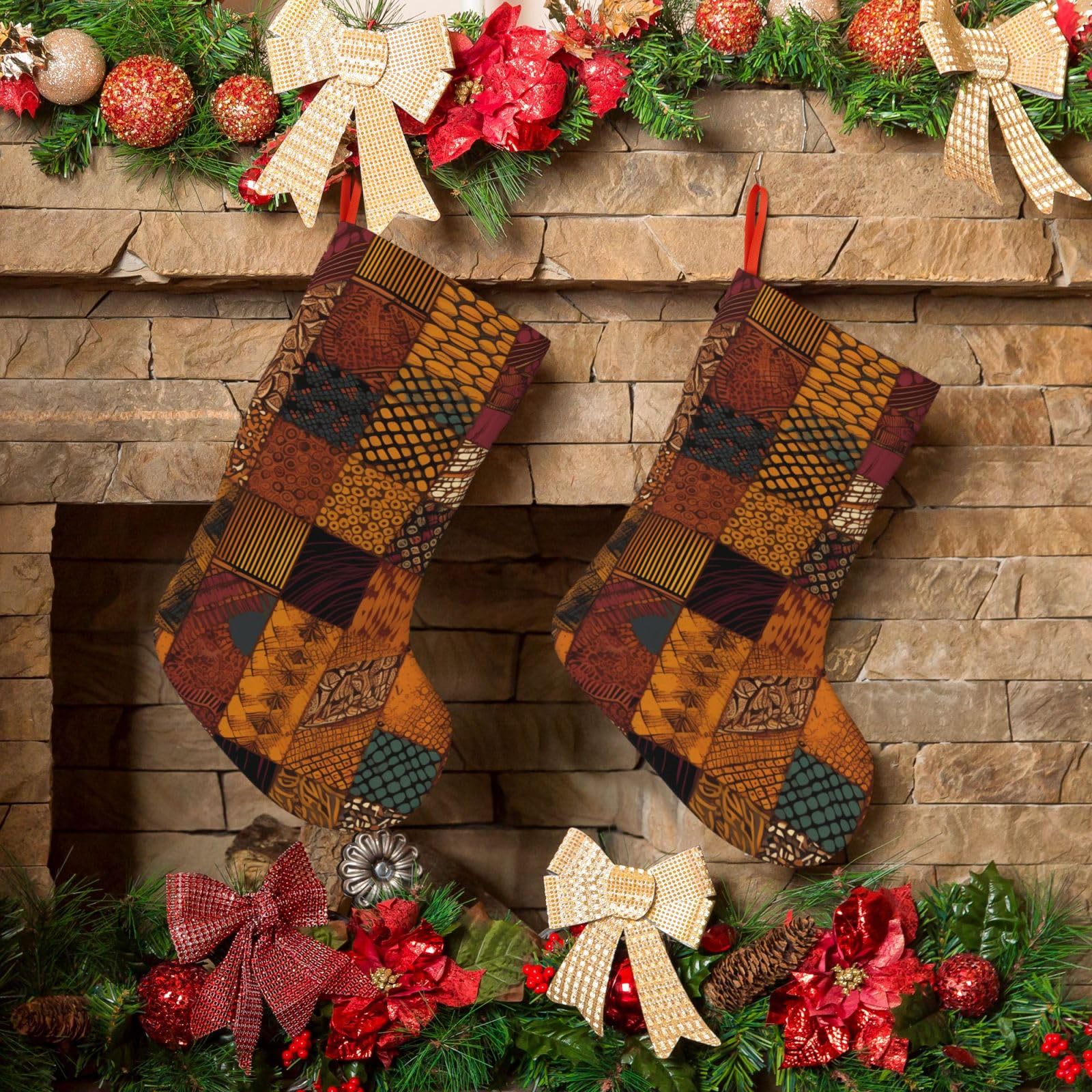 KLOPH Christmas Stockings 18" Personalized Xmas Stocking African Style Patchwork Decoration Stocking Hanging Fireplace Stocking for Holiday Xmas Tree Christmas Fireplace Decor