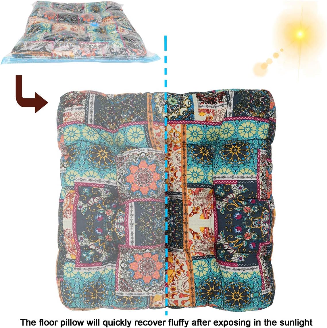 EGOBUY Bohemian Floor Pillow, Square Mediation Seat Cushion Mandala Sitting Floor Cushion for Yoga Tatami Sofa, Green Flower: Home & Kitchen