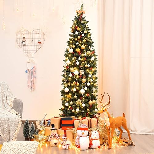 Miniatura 23 de Árbol de Navidad artificial preiluminado de 7.5 pies, árbol de Navidad delgado con 980 puntas de ramas de PVC, 350 luces LED, 75 conos de pino