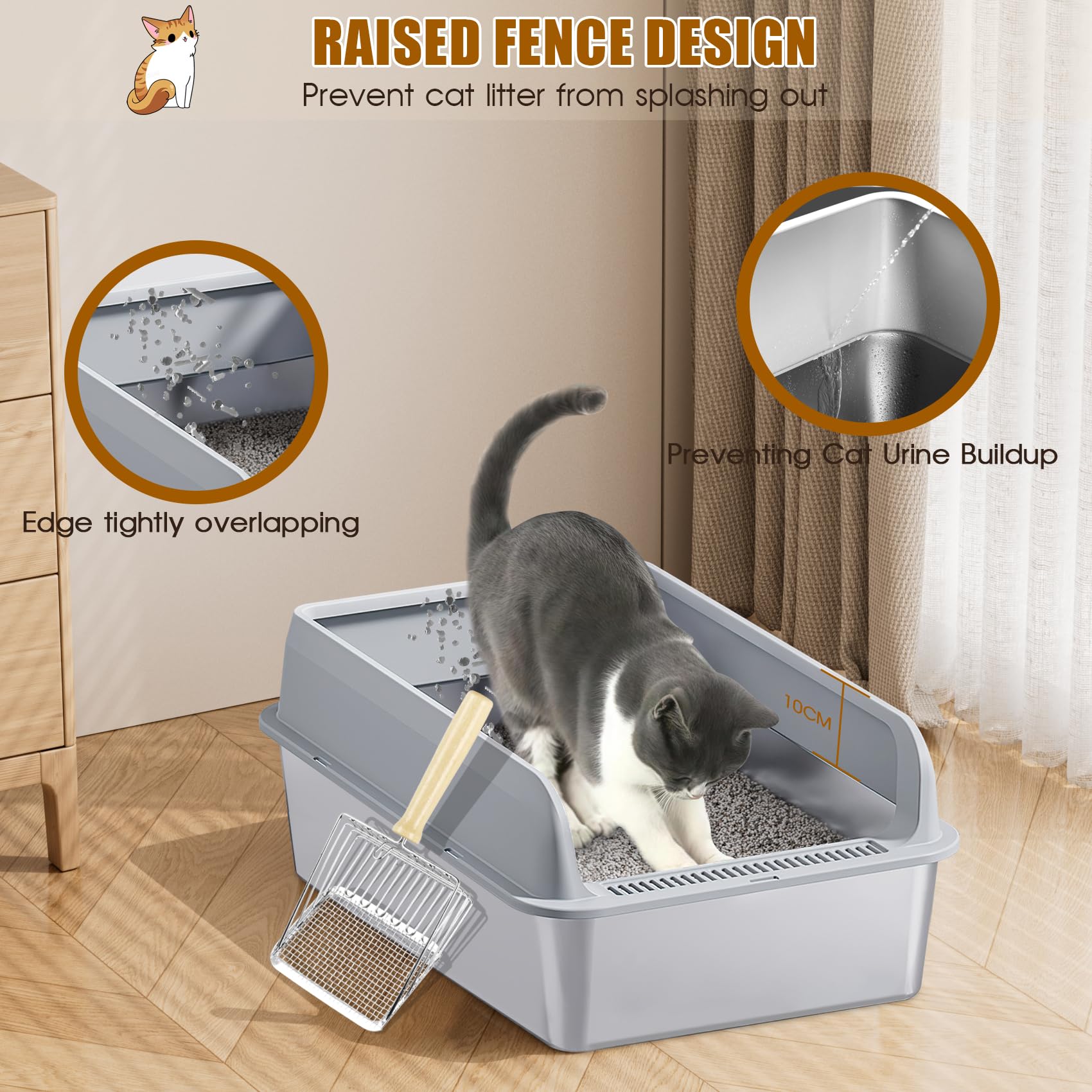 LADYSONS Lettiera per Gatti in Acciaio Inox, Grande, A Prova di Perdite, Facile da Pulire, Con Paletta e Tappetino, 50 x 35 x 20 cm