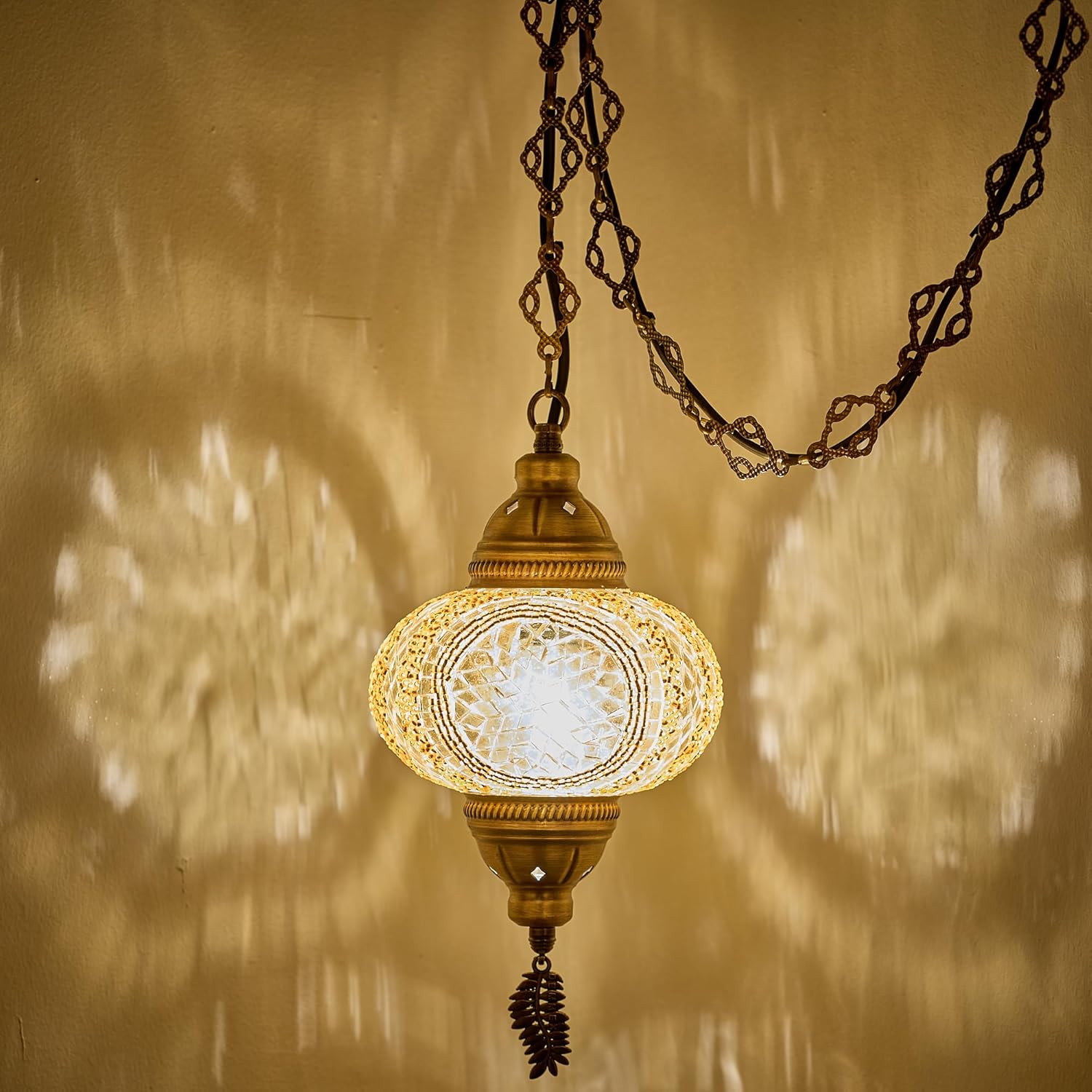 DEMMEX Authentic Turkish Plug in Pendant Light, 6.5" Big Size Globe, Made in Turkey, Turkish Moroccan Mosaic Ceiling Hanging Pendant Light Fixture Lamp, Swag Plug-in with 15ft Cord and Chain