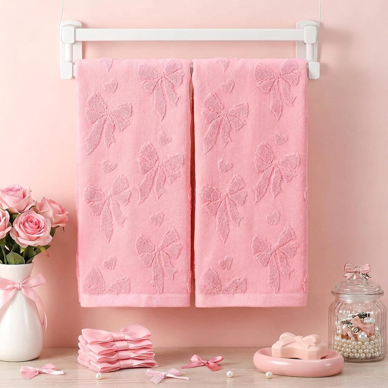 Jacquard Hand Towels, 2 Pack, Cotton, for Bathroom, Pink Bow