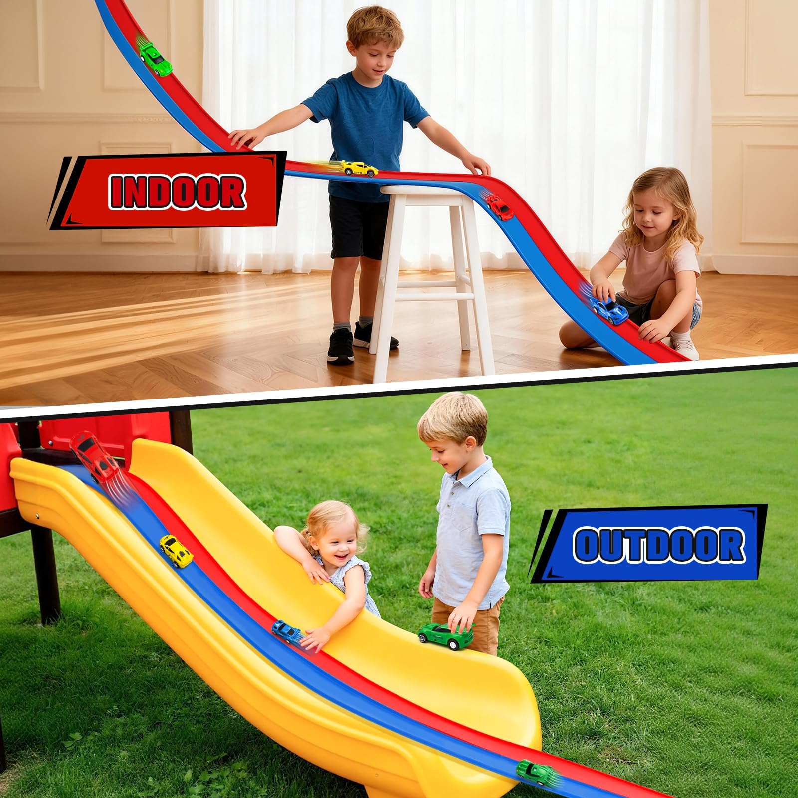 Pista Macchinine Arrotolabile 6M per Bambini 3 4 5 6 7 Anni, Giocattolo Circuito di Corse Flessibile e Portatile con 4 Auto, Compleanno Natale Regalo per Ragazzi e Ragazze, Blu e Rosso