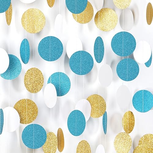 Decoraciones de fiesta de color verde azulado-turquesa, blanco y dorado, guirnalda de papel para cumpleaños de mujer y niña, cartel de papel de 52