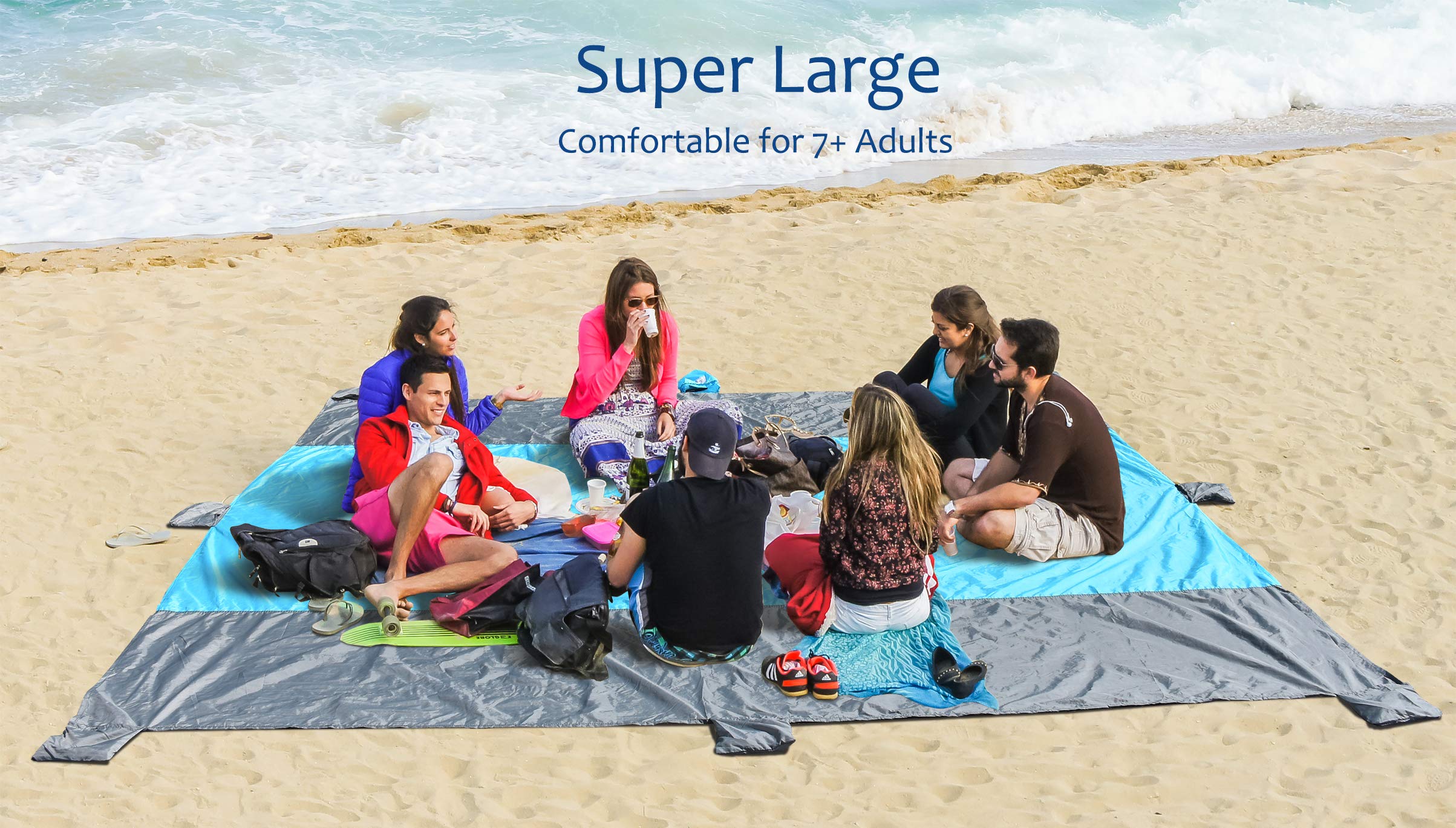 Beach Blanket Sandfree 10x9 ft Extra Large Size Waterproof Sandproof Travel Map for 7 Adults Outdoor Portable Accessories Camping Hiking Mat W/ 7 sand pockets, 1 storage Pockets & Inflatable Pillow