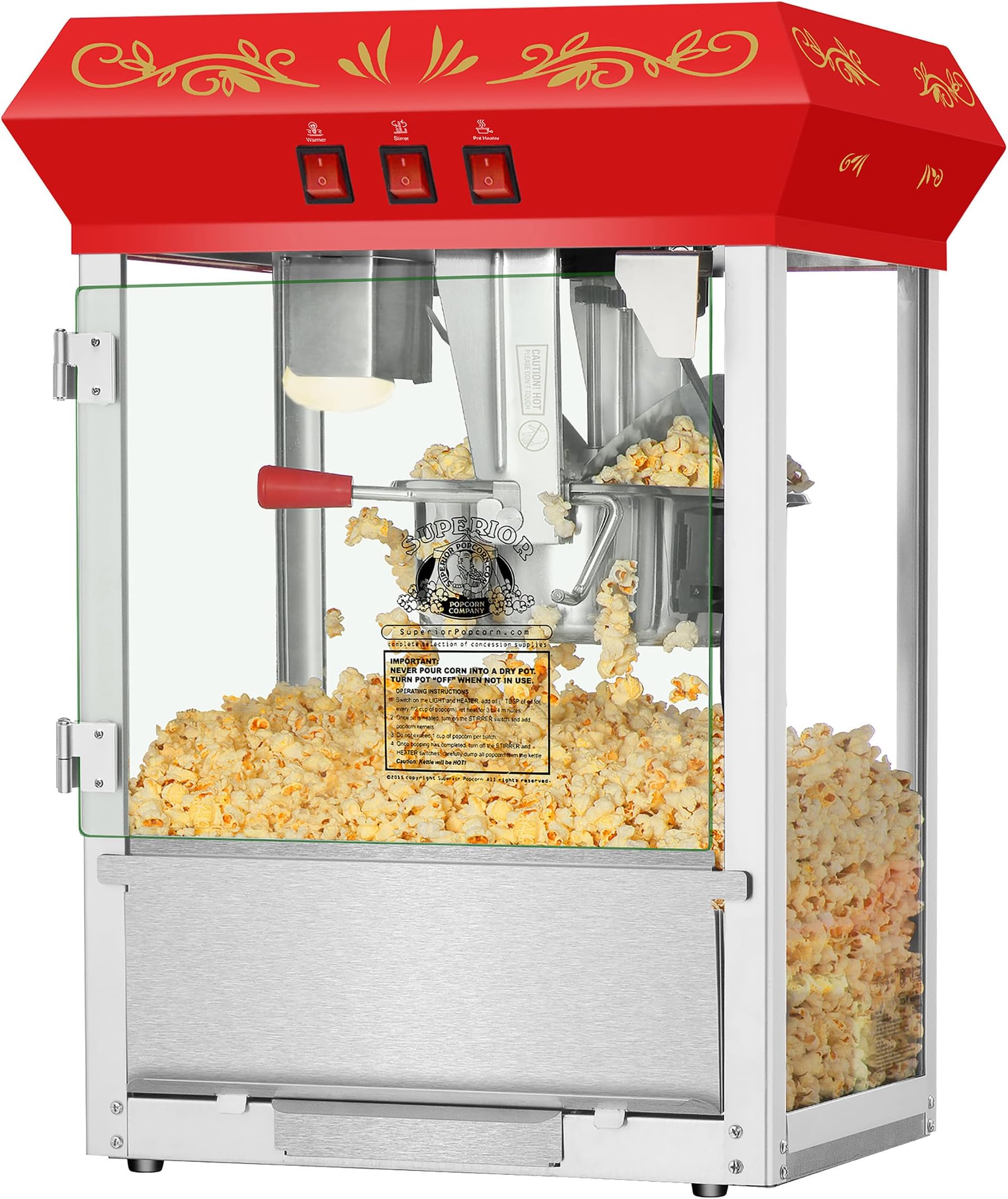 Movie Night Countertop Popcorn Machine - 3 Gallon Popper - 8oz Kettle, Old Maids Drawer, Warming Tray, Scoop by Superior Popcorn Company (Red)