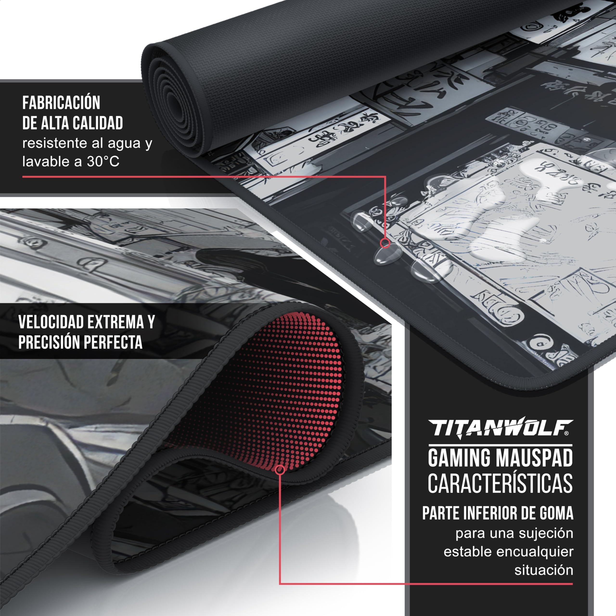 TITANWOLF Alfombrilla Gaming XXL para ratón 900x400, Mouse Pad, Precisión y Velocidad, Parte Inferior de Goma para una sujeción Estable, Antideslizante, Resistente al Agua, Manga