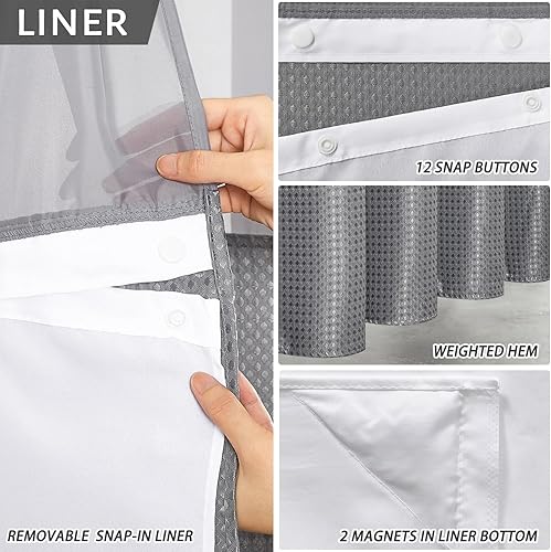 Miniatura 3 de Furlinic Cortina de ducha sin gancho con forro de tela a presión, cortina de baño resistente con ventana transparente, impermeable y lavable a