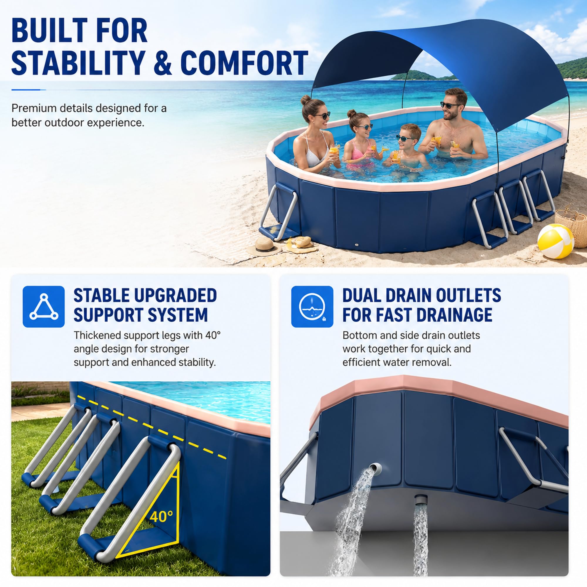 Faltpool Mit Dach, Nicht Aufblasbarer Pool | PVC-Faltpool Für Erwachsene & Kinder, Abnehmbare Sonnendach, Doppelablauf, Garten Terrasse Camping(2.1m/6.9ft)