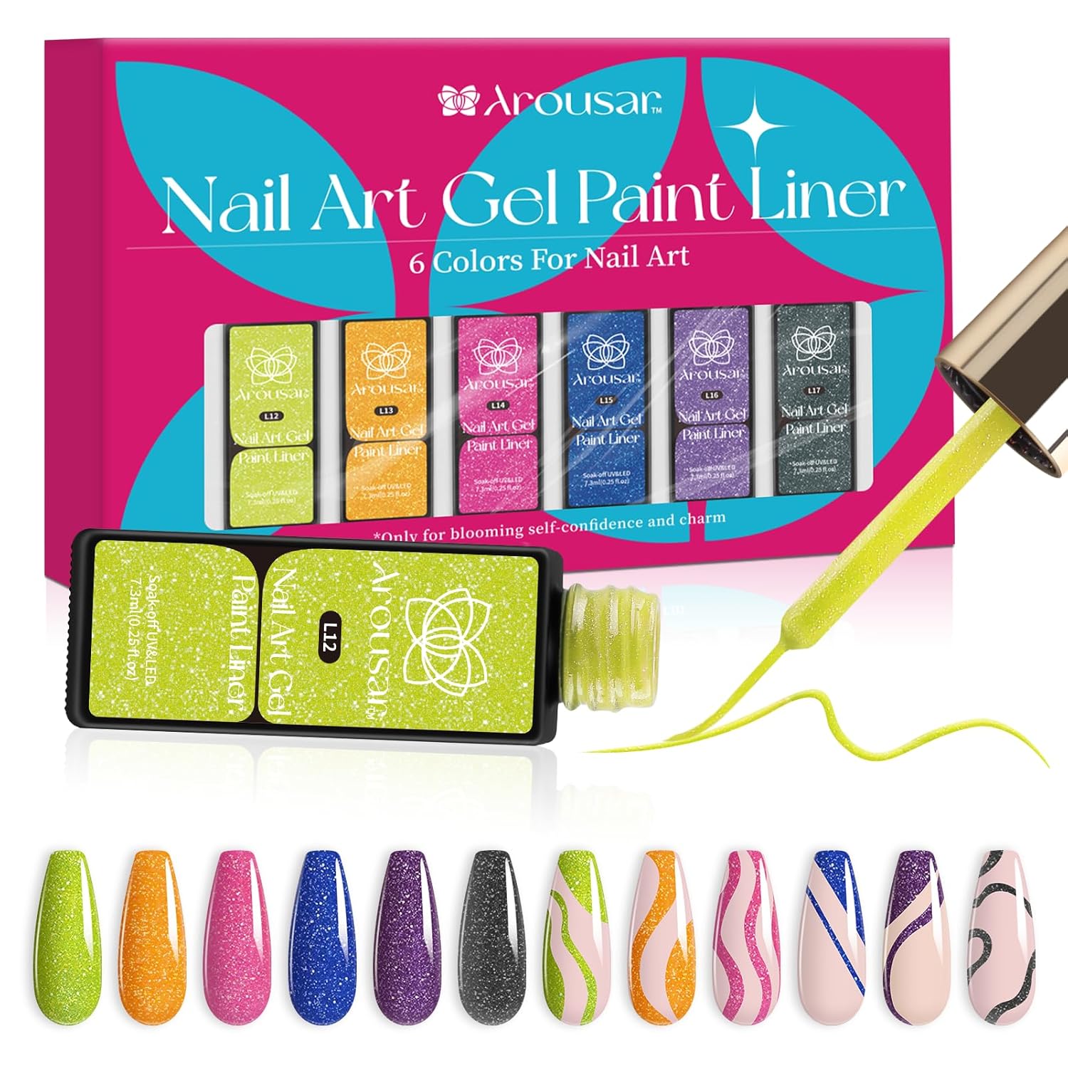 Arousar Gel Polish Nail Art Gel Liner Set, 6 Colors Neon