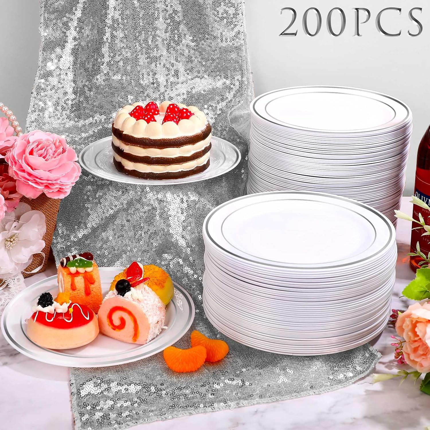 Sieral 200 Pieces Disposable Plates Plastic Party Plates with Rim Hard Plastic Appetizer Salad Dessert 7.5 Inch Elegant Heavy Duty Tableware for Dinner Wedding Party Supplies(Silver Rim) - Image 4
