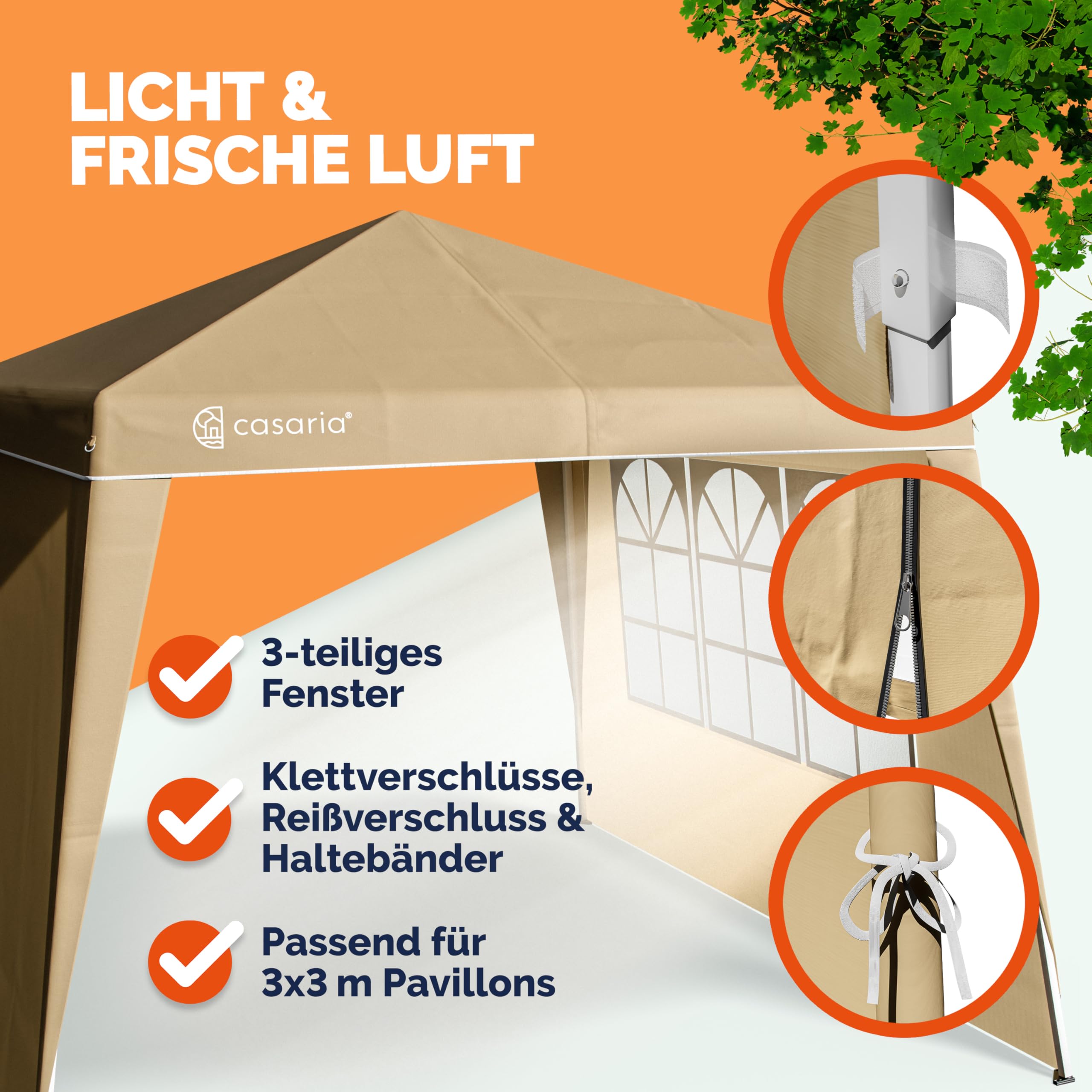 CASARIA® 2X Seitenteil für Pavillon 3x3m Wasserdicht mit Fenster mit Reißverschluss Garten Seitenwand Abdeckplane Faltpavillon Pop Up Stabil Beige
