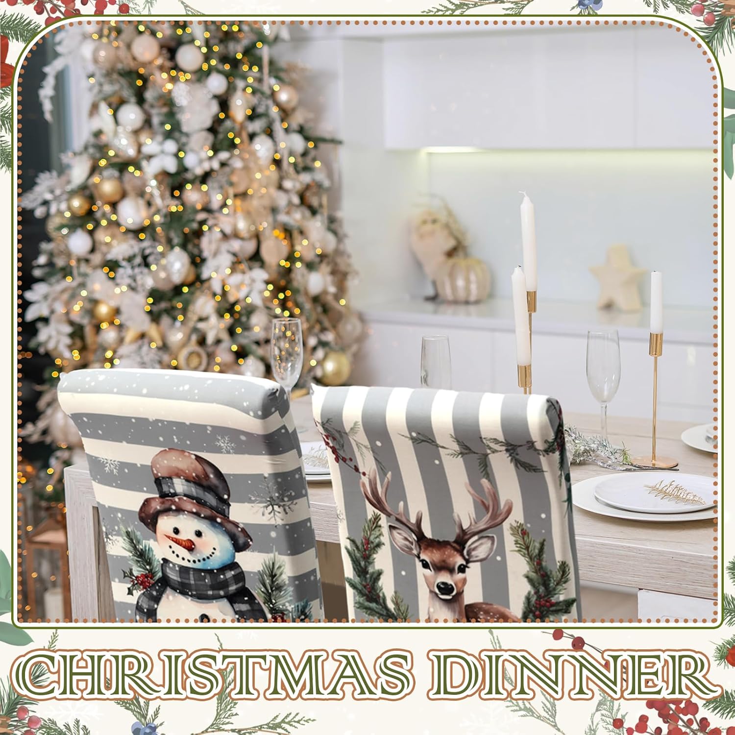 FuWeave 6 Pcs Christmas Snowman Chair Covers Winter Vintage Dining Chair Slipcovers Christmas Seat Covers Winter Elk Gloves Stretch Removable Washable Dining Protector for Party Wedding Kitchen