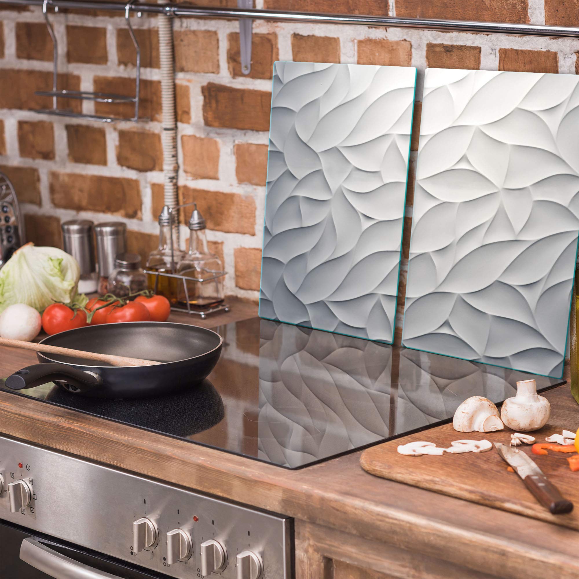 TMK ArtDeko Herdabdeckplatte 2 Teilig 30x52 cm - Spritzschutz Herdabdeckung – Herdschutz aus Sicherheitsglas – dient auch als Glasschneidebrett – Robust, Hygienisch & Rutschfest