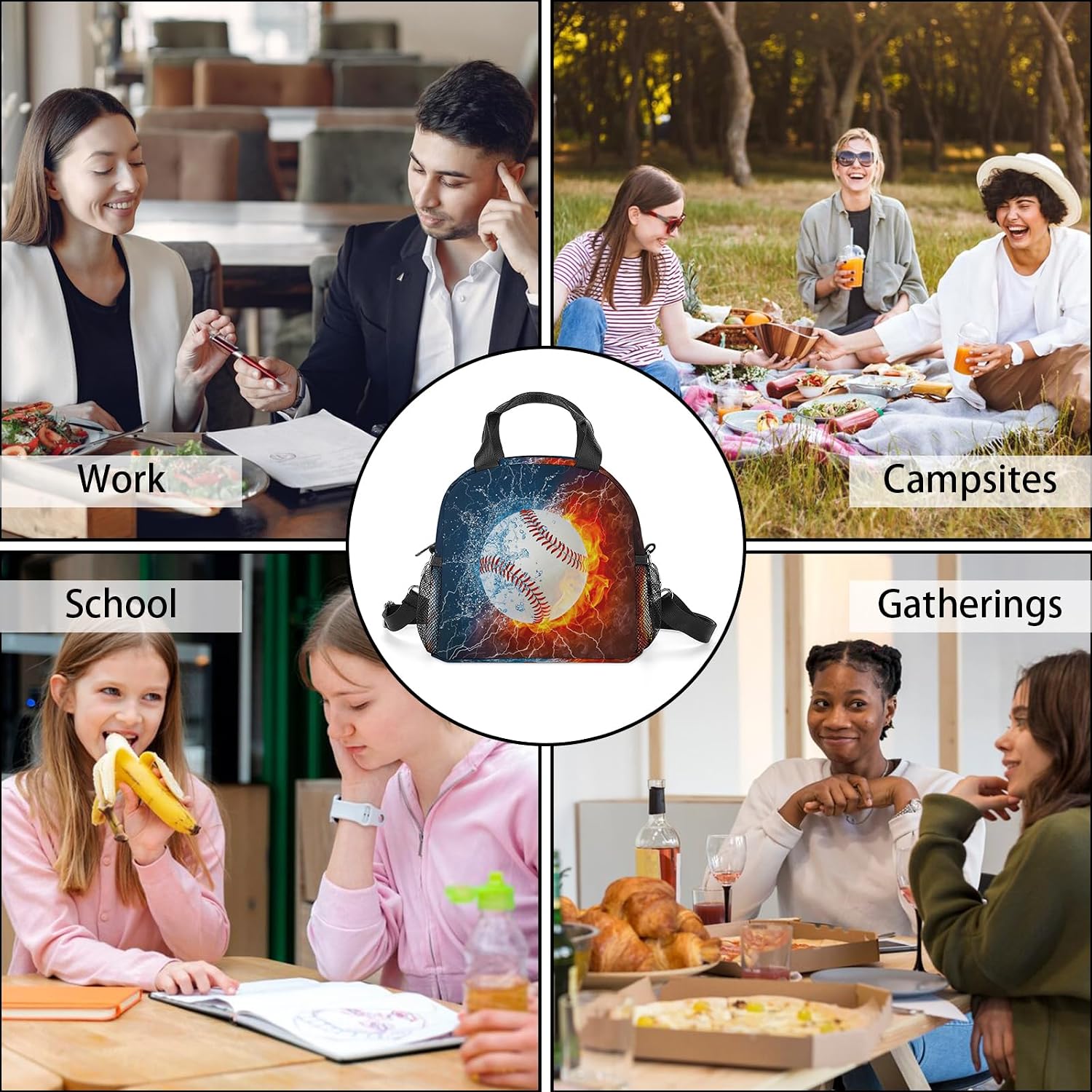 Baseball Lunch Bag Insulated Lunch Box Large Capacity Meal Tote for Kids Women Men Cooler Bag Waterproof Adjustable Shoulder Strap Lunch Tote for Work School Picnic Travel Hiking Office