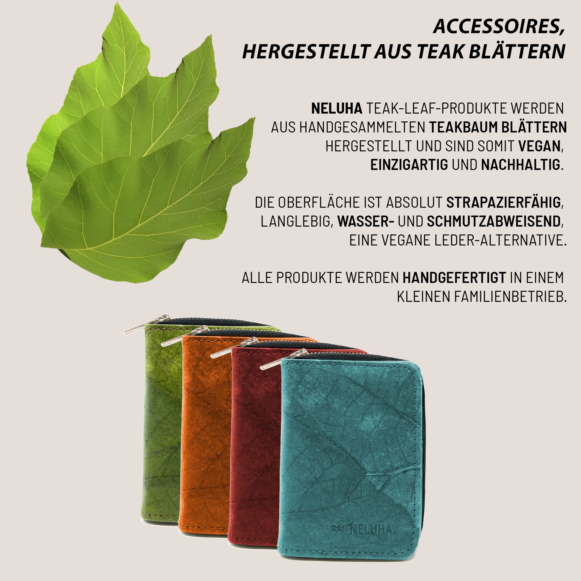 Portafoglio in foglie di teak, un'alternativa in pelle vegana e sostenibile, portafogli con molti scomparti apribili con chiusura lampo, verde, 12x9x3cm, Casual