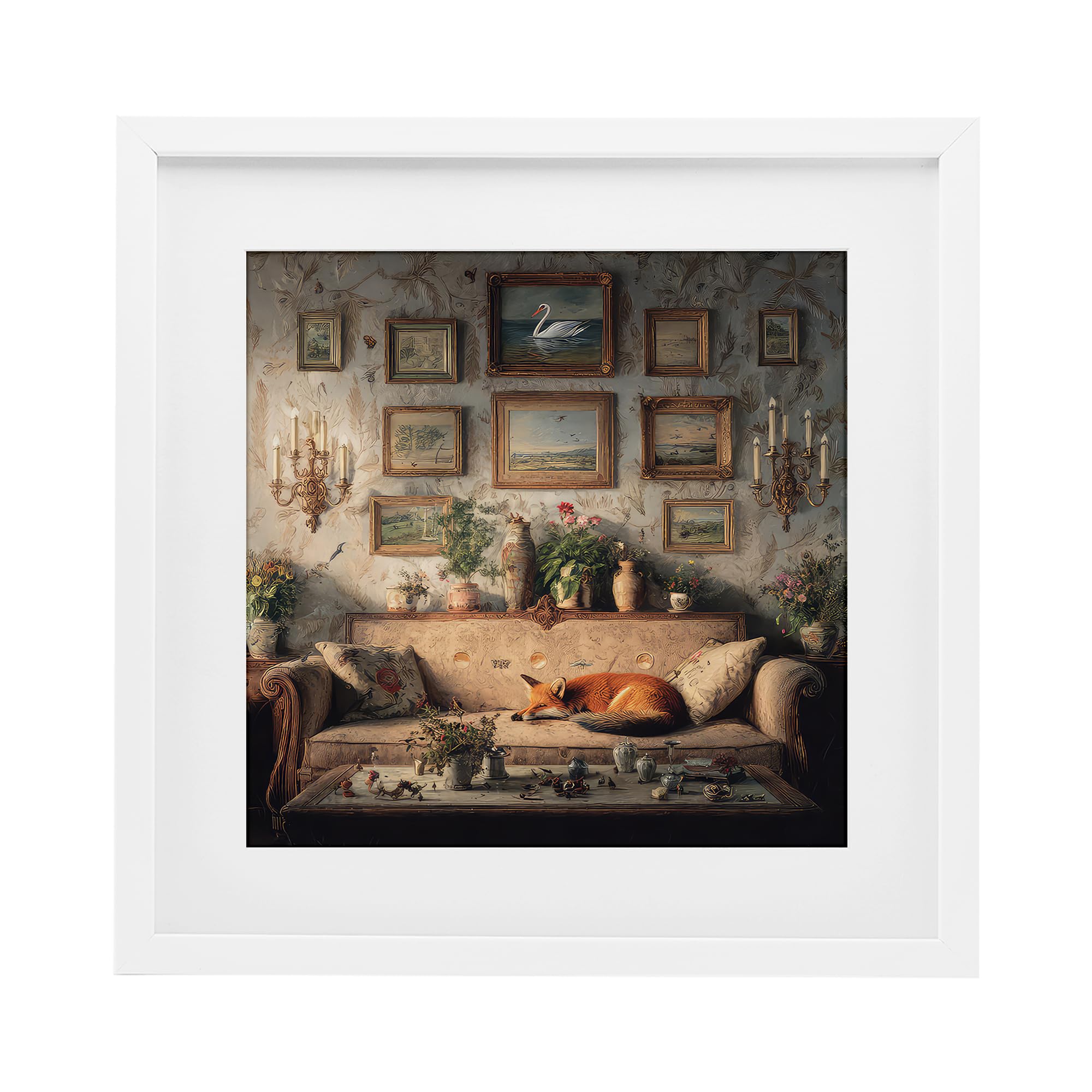 Stupell Industries 'Vintage Parlor with Fox', Framed Print Under Glass, White, 16 x 16 Inches, Easy to Hang and Sturdy, Made in USA, by The Wands Want