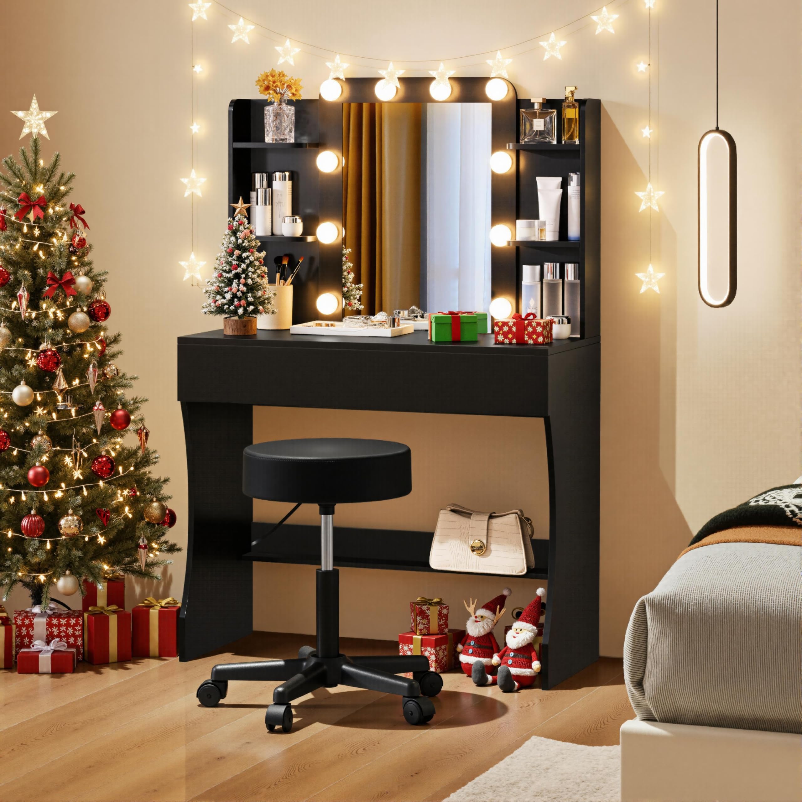 Yaheetech Dressing Table with Mirror and 10 LED Lights, Vanity Desk with 3 Colour Modes, Makeup Desk with Drawer and 5 Storage Shelves for Bedroom, Living Room, 90 x 40 x 136 cm, Black