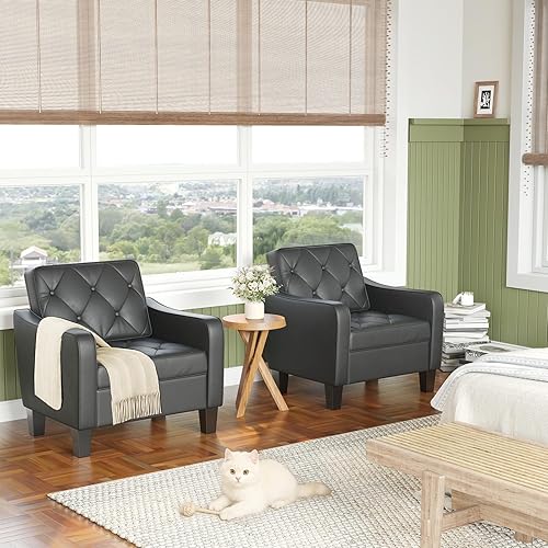 Miniatura 8 de STHOUYN Juego de 2 sillas con brazos para sala de estar, silla decorativa de piel sintética negra, sillas de sala de espera, silla de lectura de