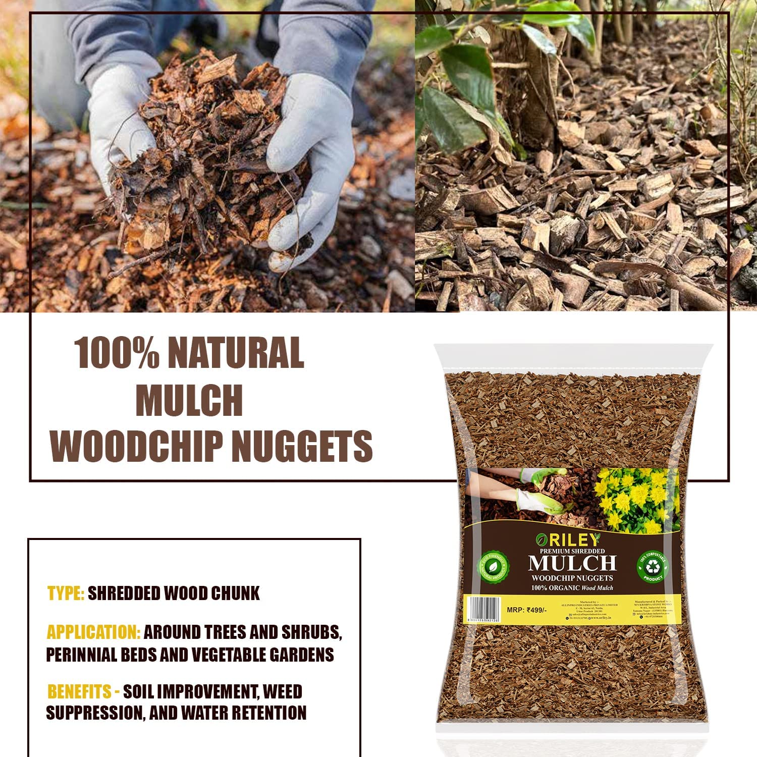 Oriley 100% Natural Mulch (8 Kg) Wooden Manure Woodchip Nuggets