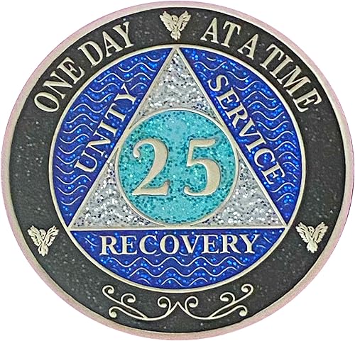 Miniatura 24 de (años 1-50) Medallón de purpurina plateado de recuperación AA de 47 años, arcoíris negro, azul, moneda de purpurina plateada, cubierta de epoxi