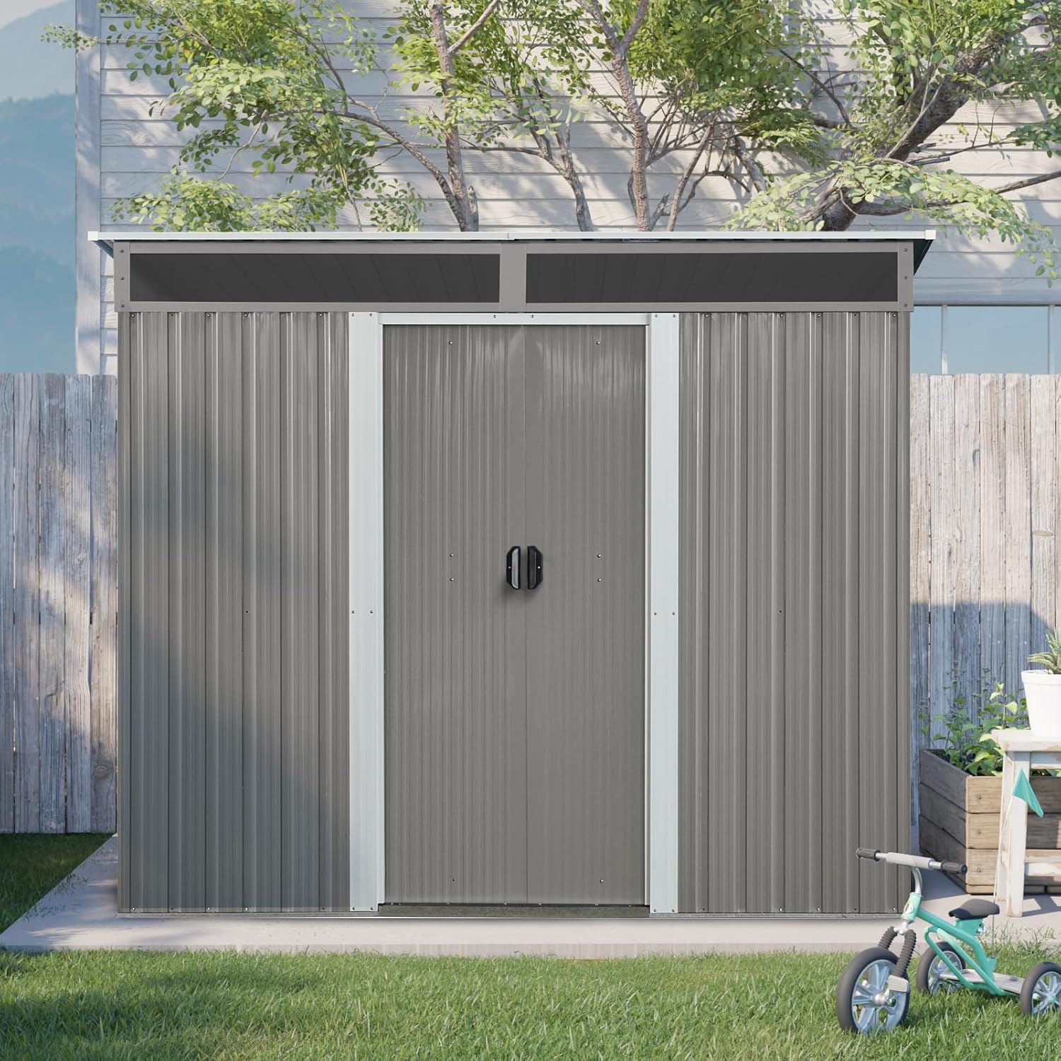 8FT x 6FT Outdoor Metal Storage with Lockable Sliding Doors and Transparent Plate,Waterproof Cabinet w/Ventilation & Foundation,Garden Organizer Tool House for Backyard Patio,Gray