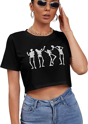 Womens Halloween Funny Skeleton Skull Hand Print Crop Top Tee Short Sleeve Casual T-Shirt