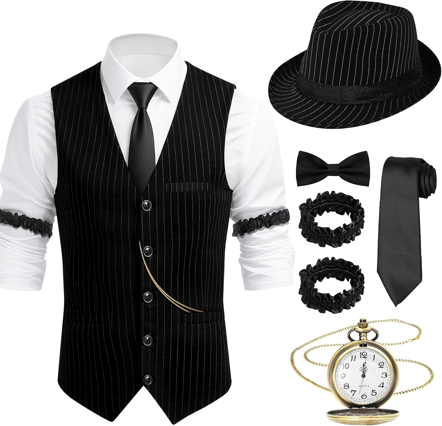 1920s Mens Costume Gatsby Gangster Roaring 20s Costumes for Men with Vest Hat Pocket Watch Bow Tie for Themed Party