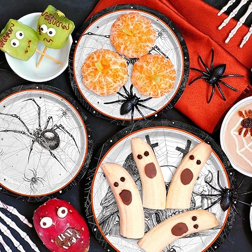 Miniatura 7 de Suministros de fiesta de Halloween con telas de araña con temas de calavera y araña, platos de papel de tela malvada todo incluido, servilletas,